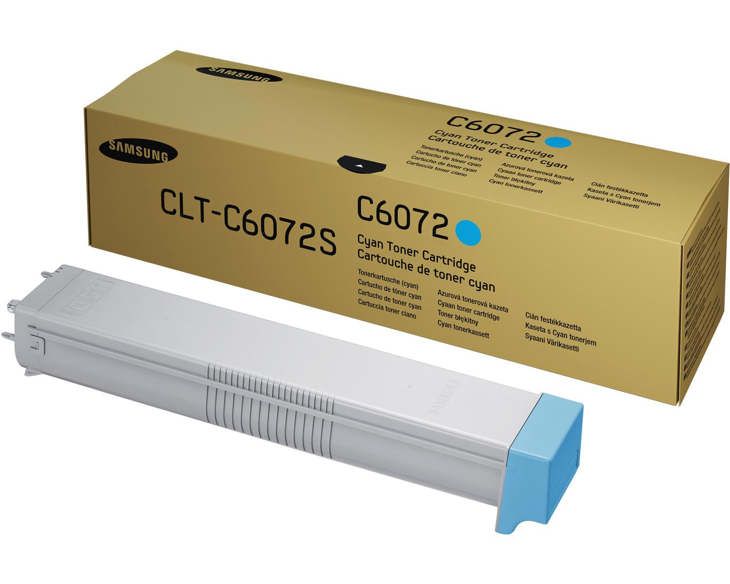 Cartuccia toner ciano Samsung CLT-C6072S in confezione gialla.