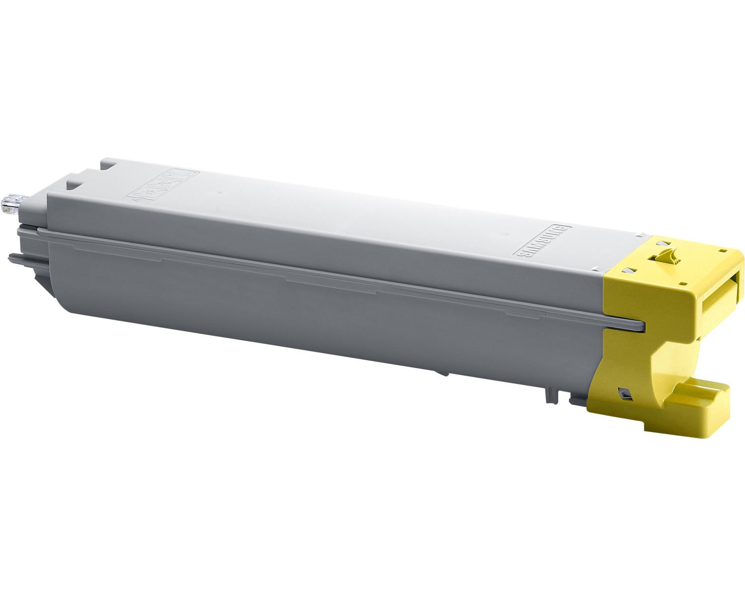 Gray toner cartridge with yellow cap and Samsung logo.