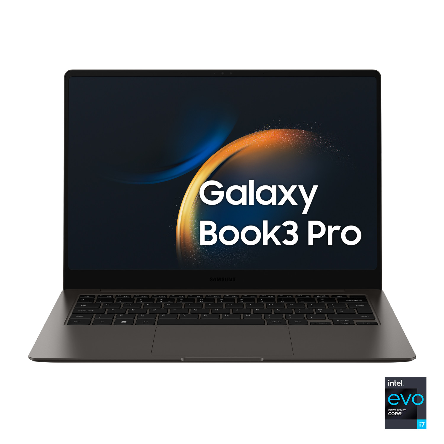 Laptop Samsung Galaxy Book3 Pro grigio scuro aperto su sfondo bianco.