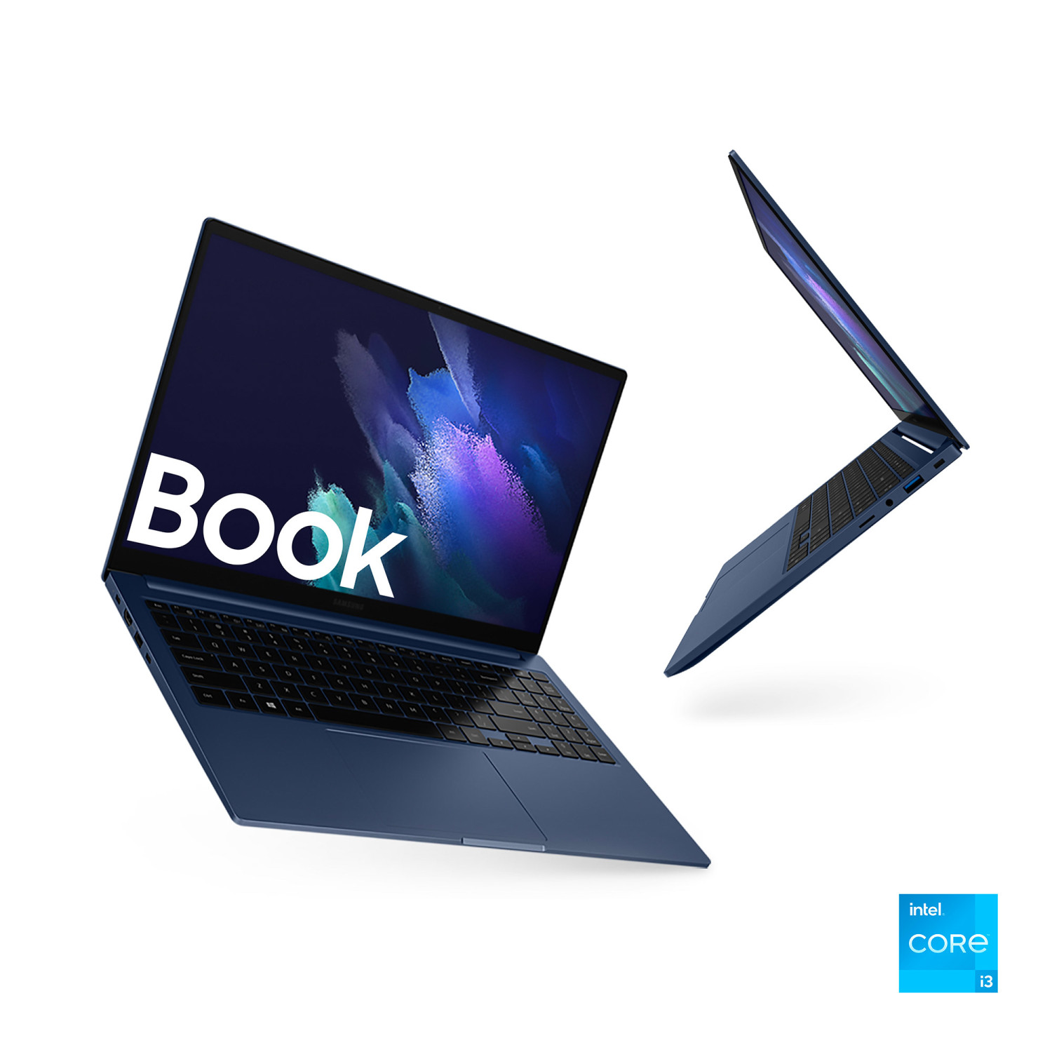 Due laptop blu scuro, uno aperto con "Book" sullo schermo.