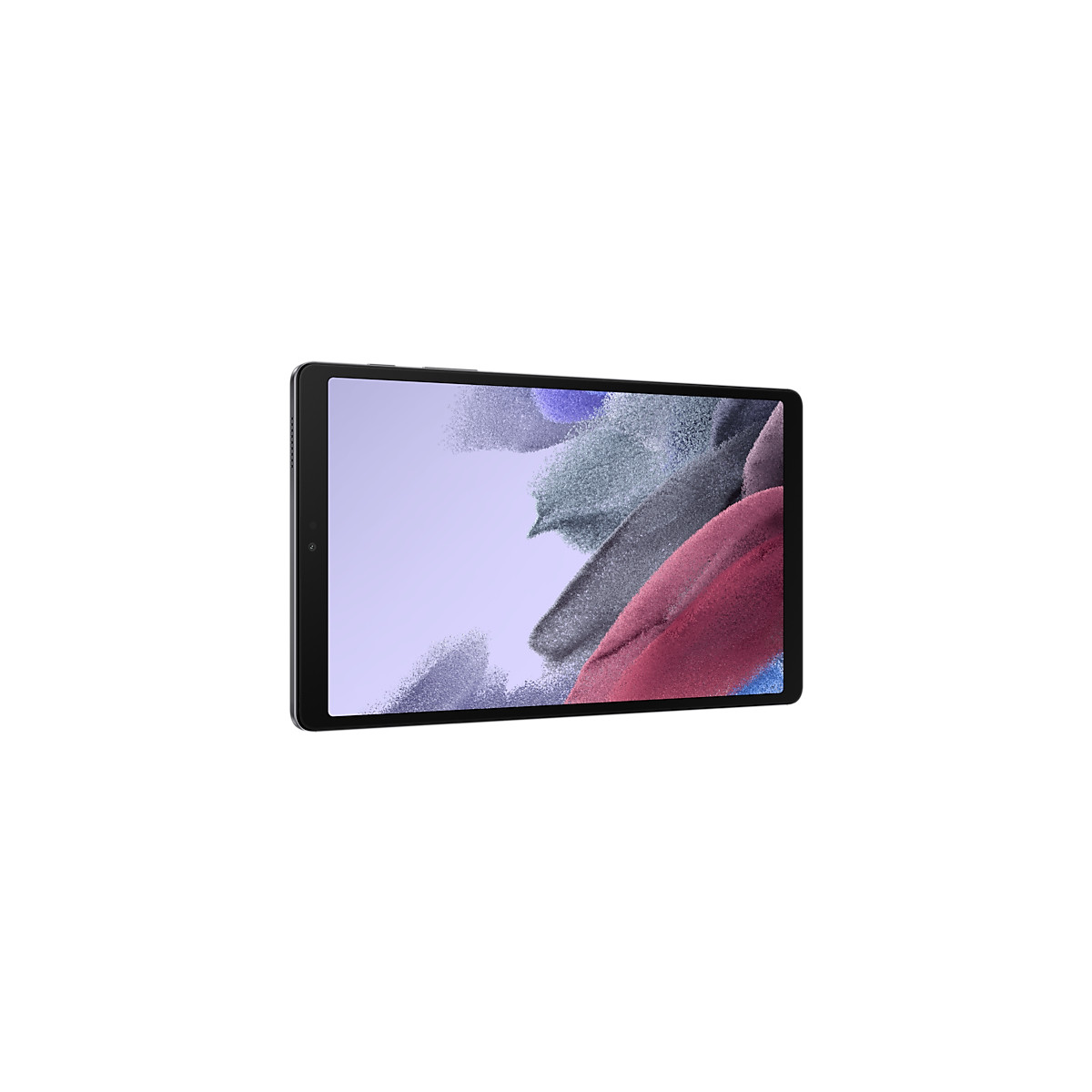 Un tablet nero con uno sfondo astratto colorato sullo schermo, leggermente angolato.