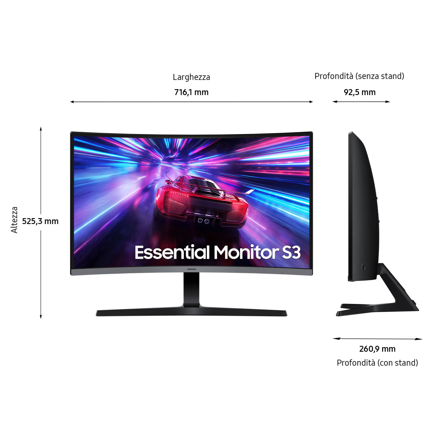 Ein gebogener Samsung Essential Monitor S3 mit einem Rennwagen-Bild.