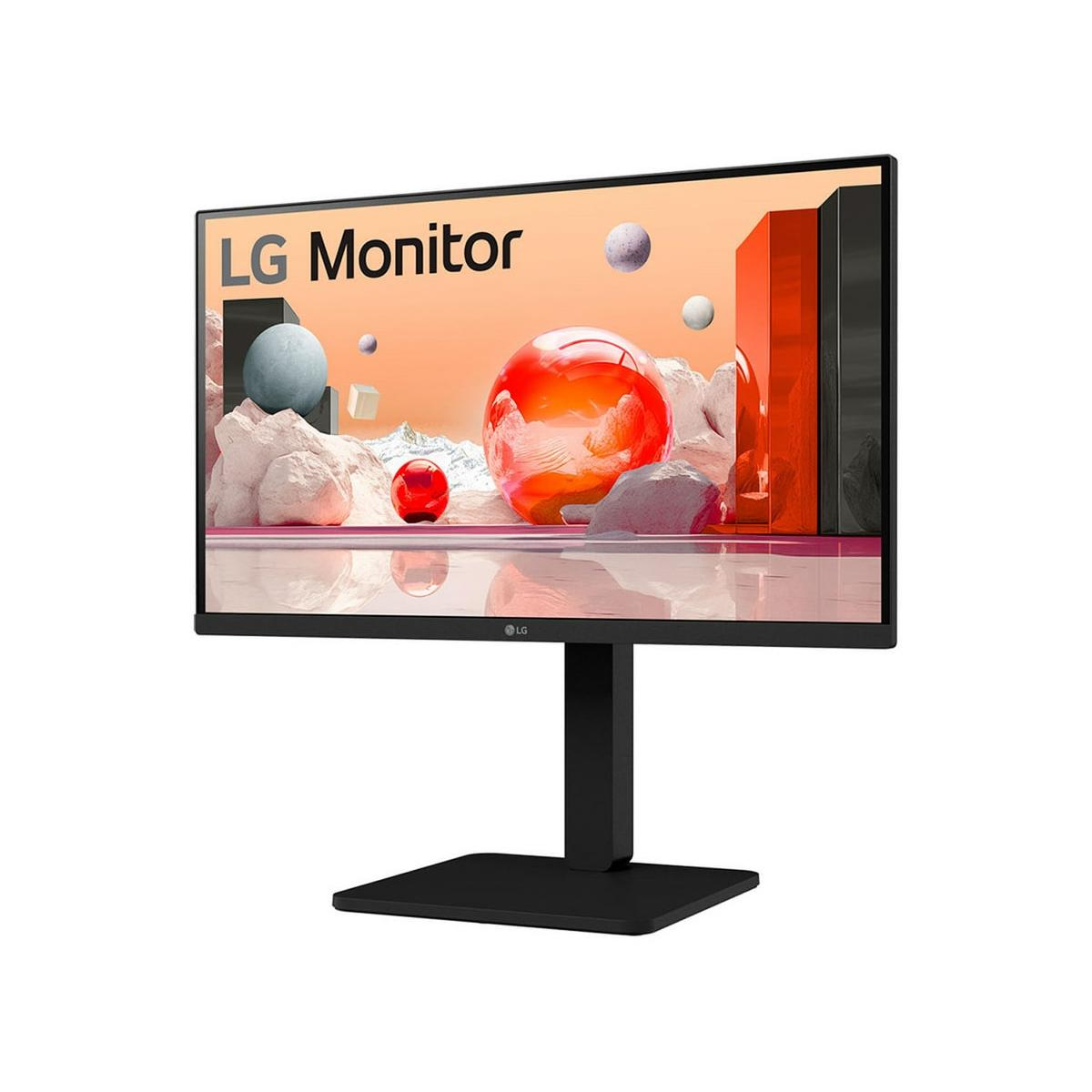 LG Monitor displaying abstract shapes: red orb, gray sphere, pink rocks, orange pillars.