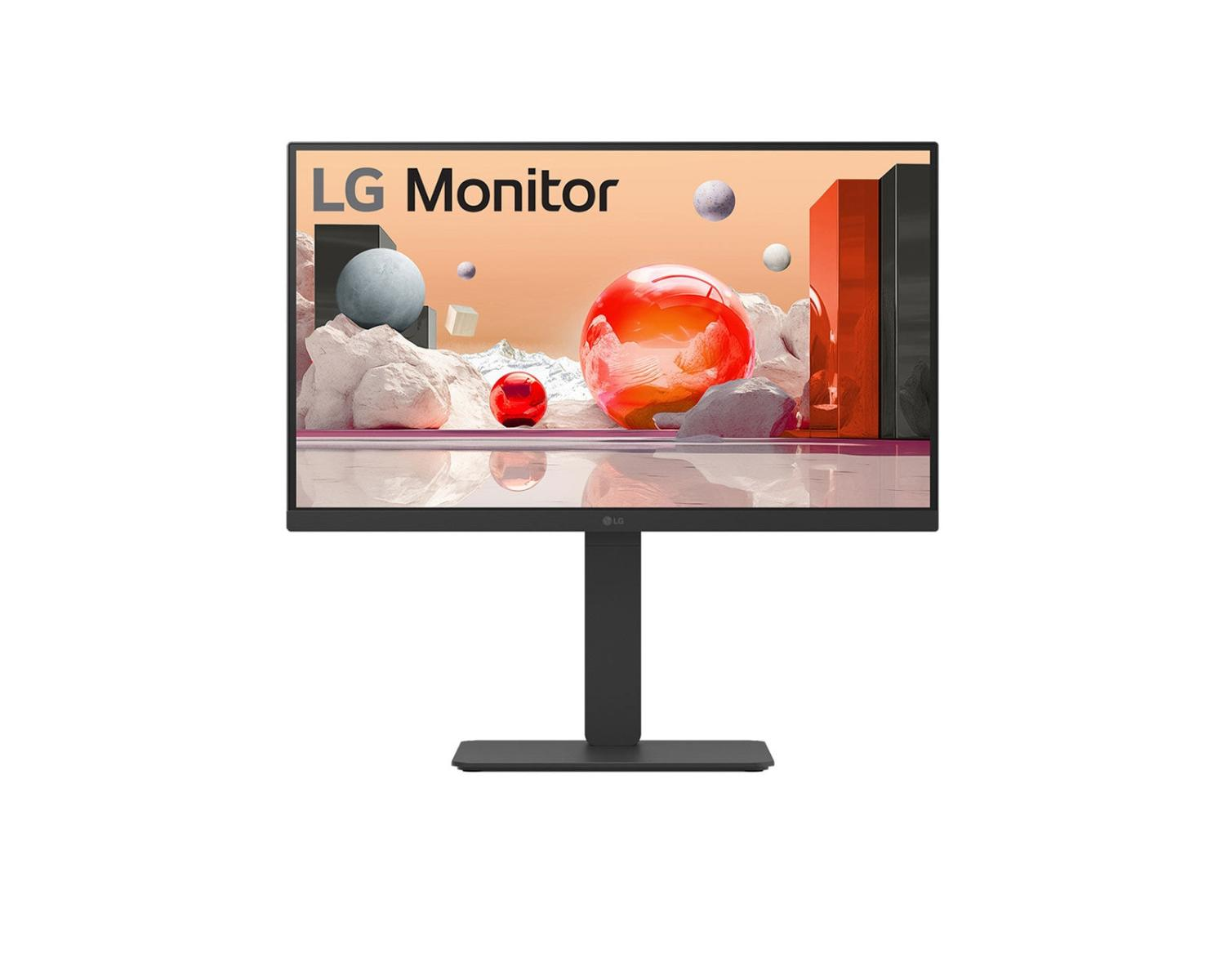 Un moniteur LG affiche une scène abstraite avec des sphères et des rochers.