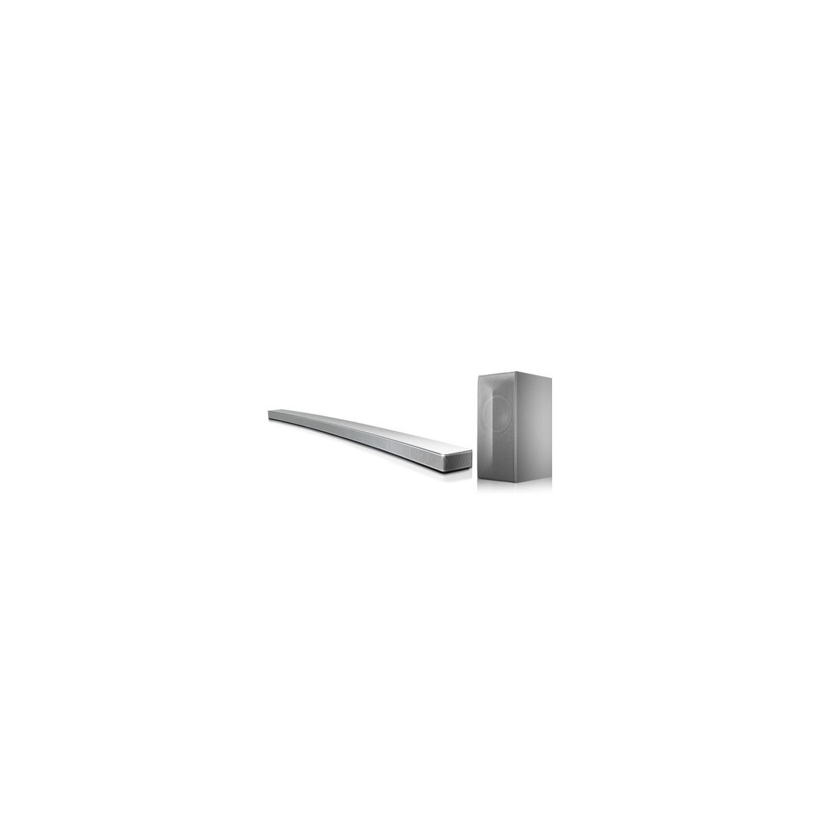 Silver soundbar and subwoofer on a white background.