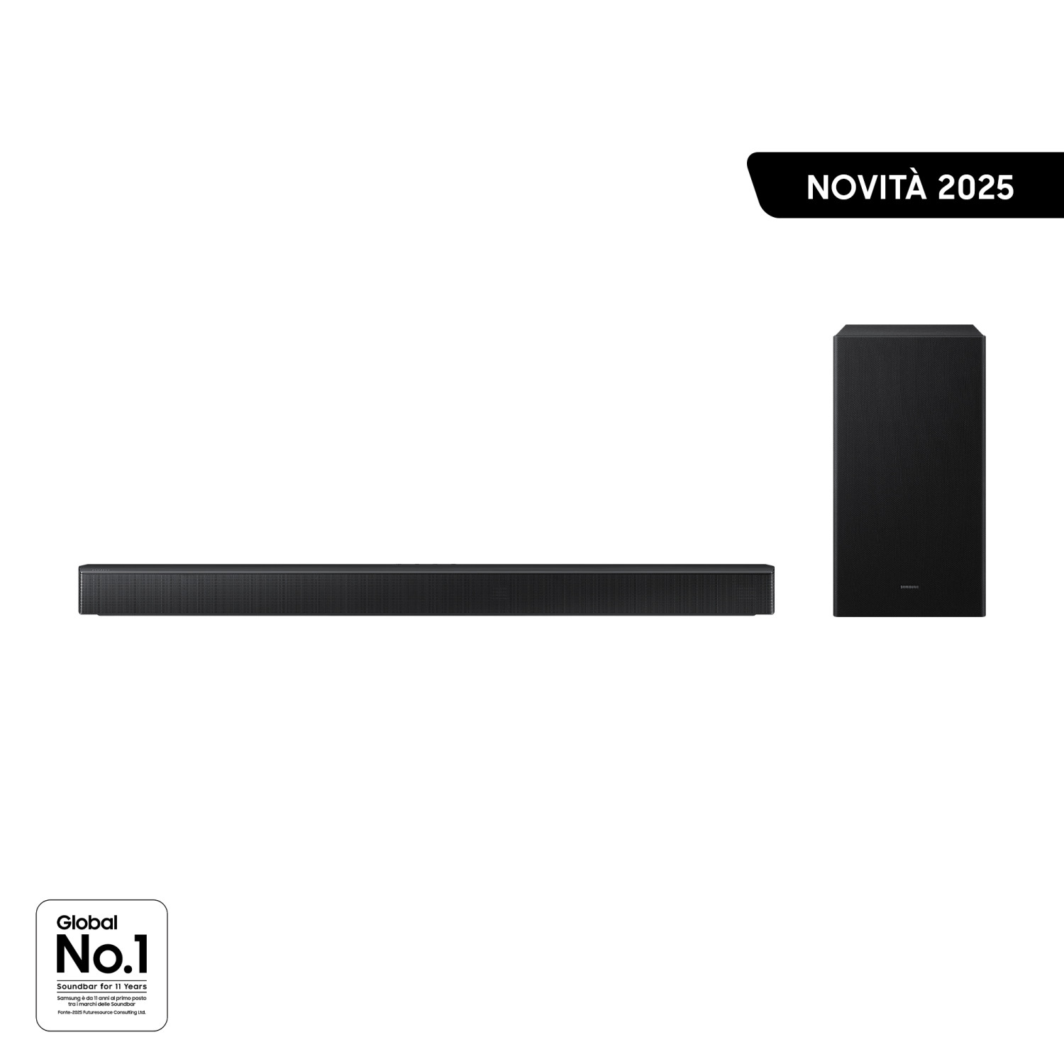 Schwarze Soundbar und Subwoofer mit "NOVITÀ 2025"-Banner und "Global No.1 Soundbar"-Siegel.
