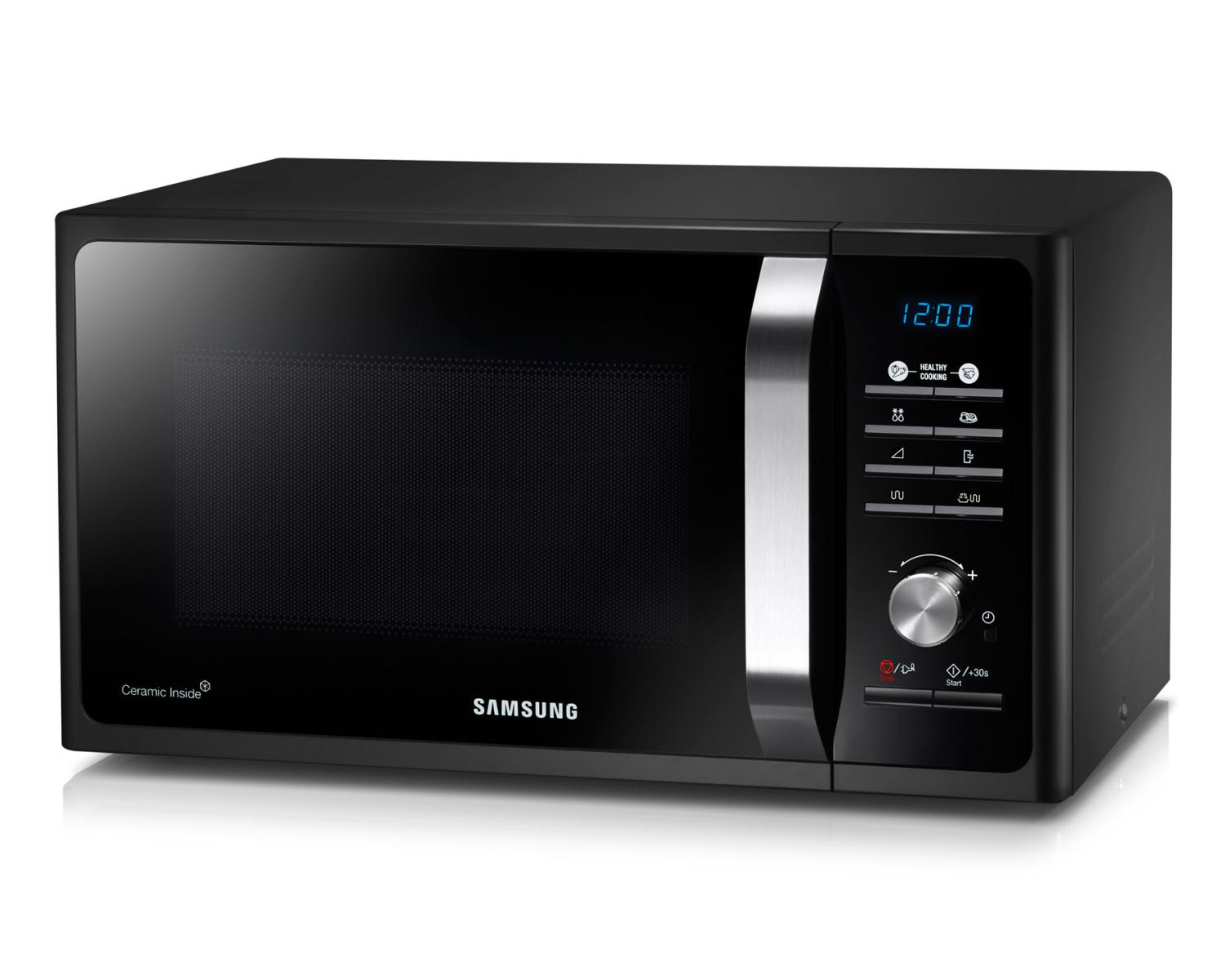 Forno a microonde Samsung nero con display digitale, controlli e porta.