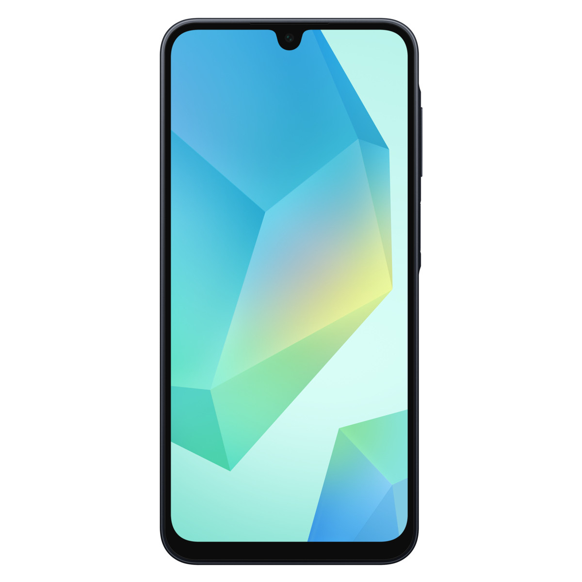 Uno smartphone scuro con uno sfondo geometrico sui toni del blu e del verde.