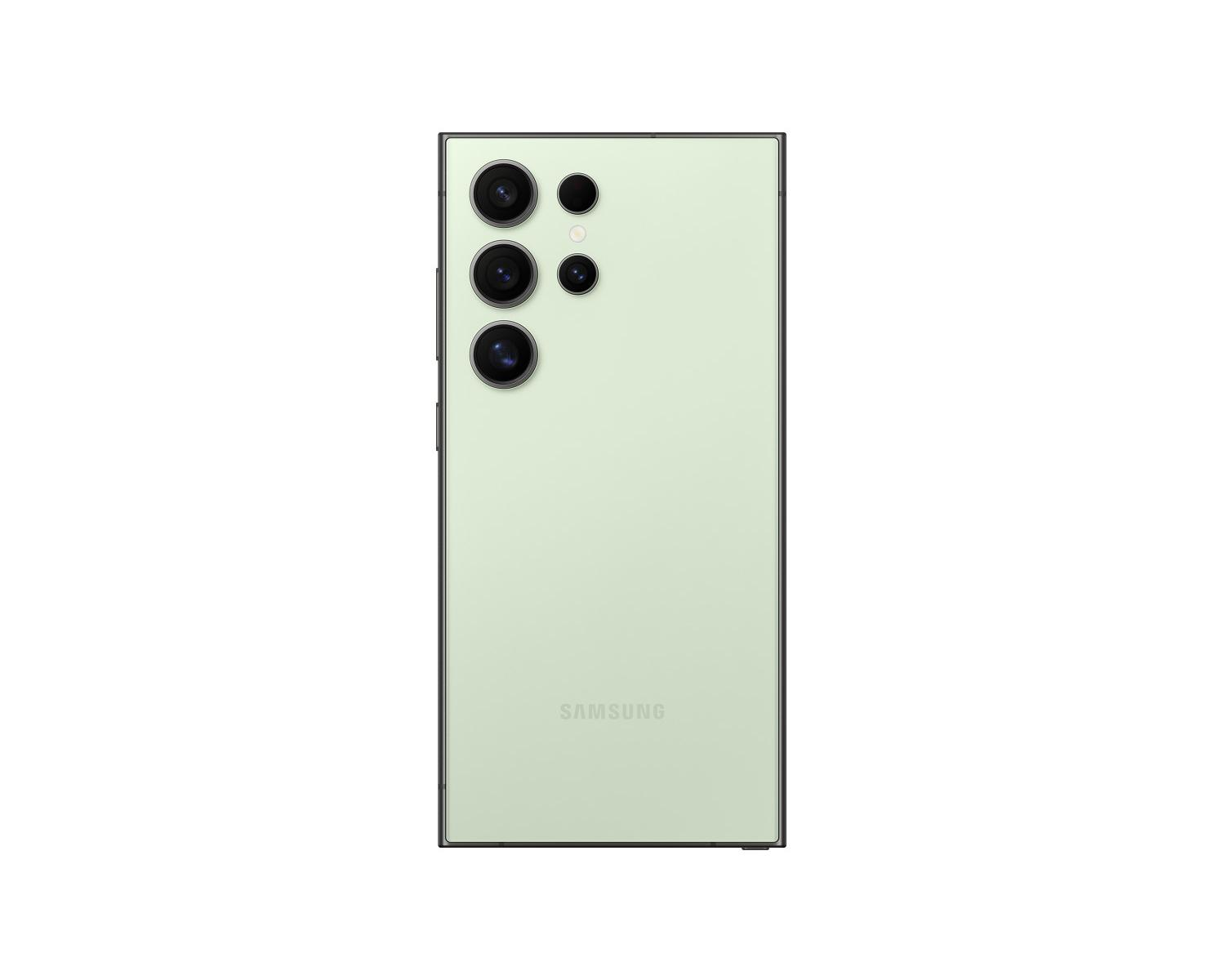 Rückseite eines hellgrünen Smartphones mit vier Kameralinsen und Samsung-Logo.