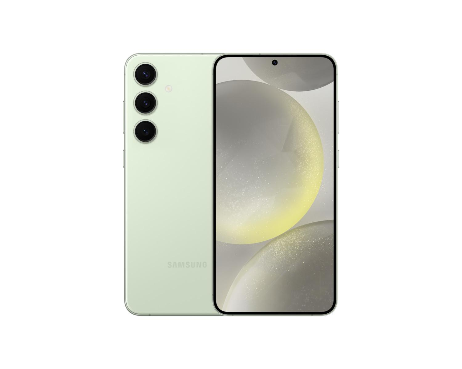 Ein hellgrünes Samsung-Smartphone mit drei Kameras auf der Rückseite und einem Bildschirm.