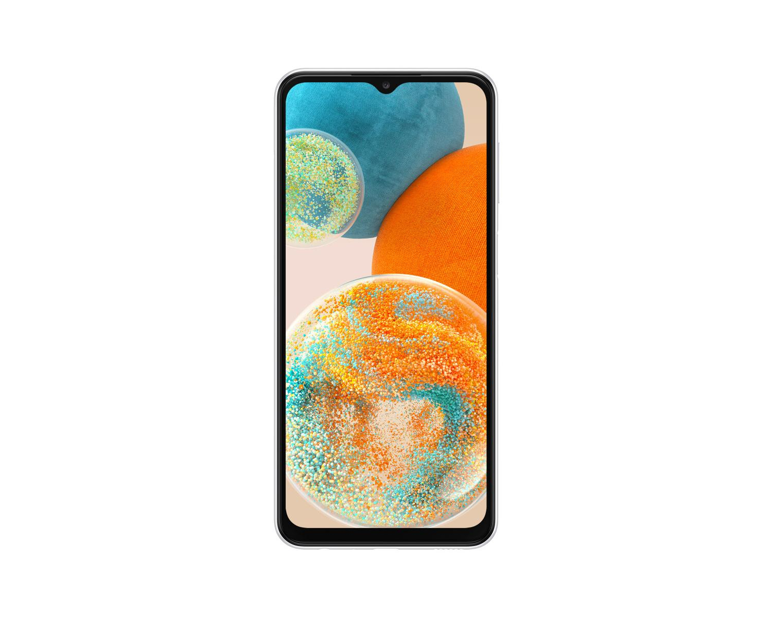 Ein Smartphone mit einem tropfenförmigen Ausschnitt und bunten Kugeln auf dem Bildschirm.