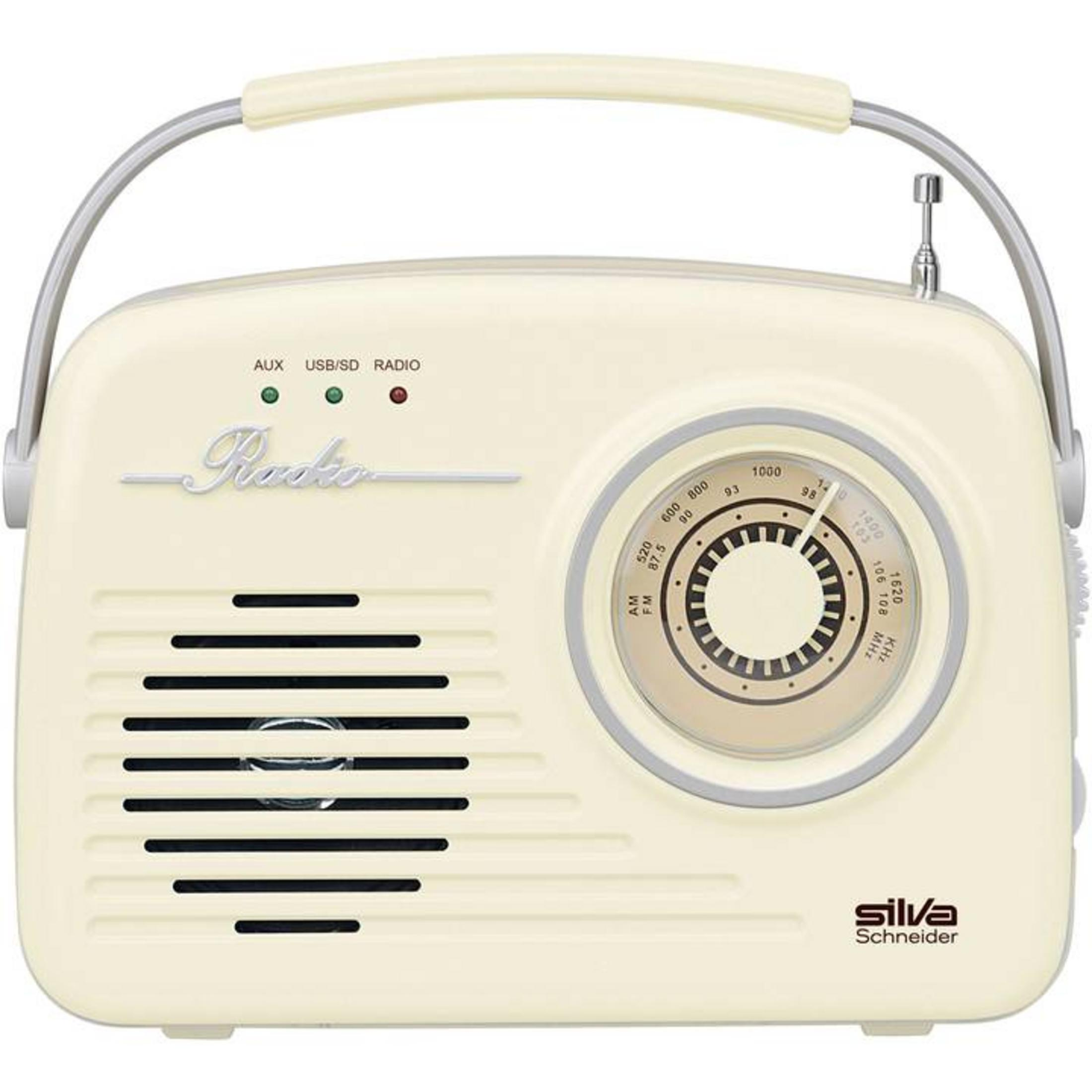 Una radio retrò color crema con manico argentato e quadrante.