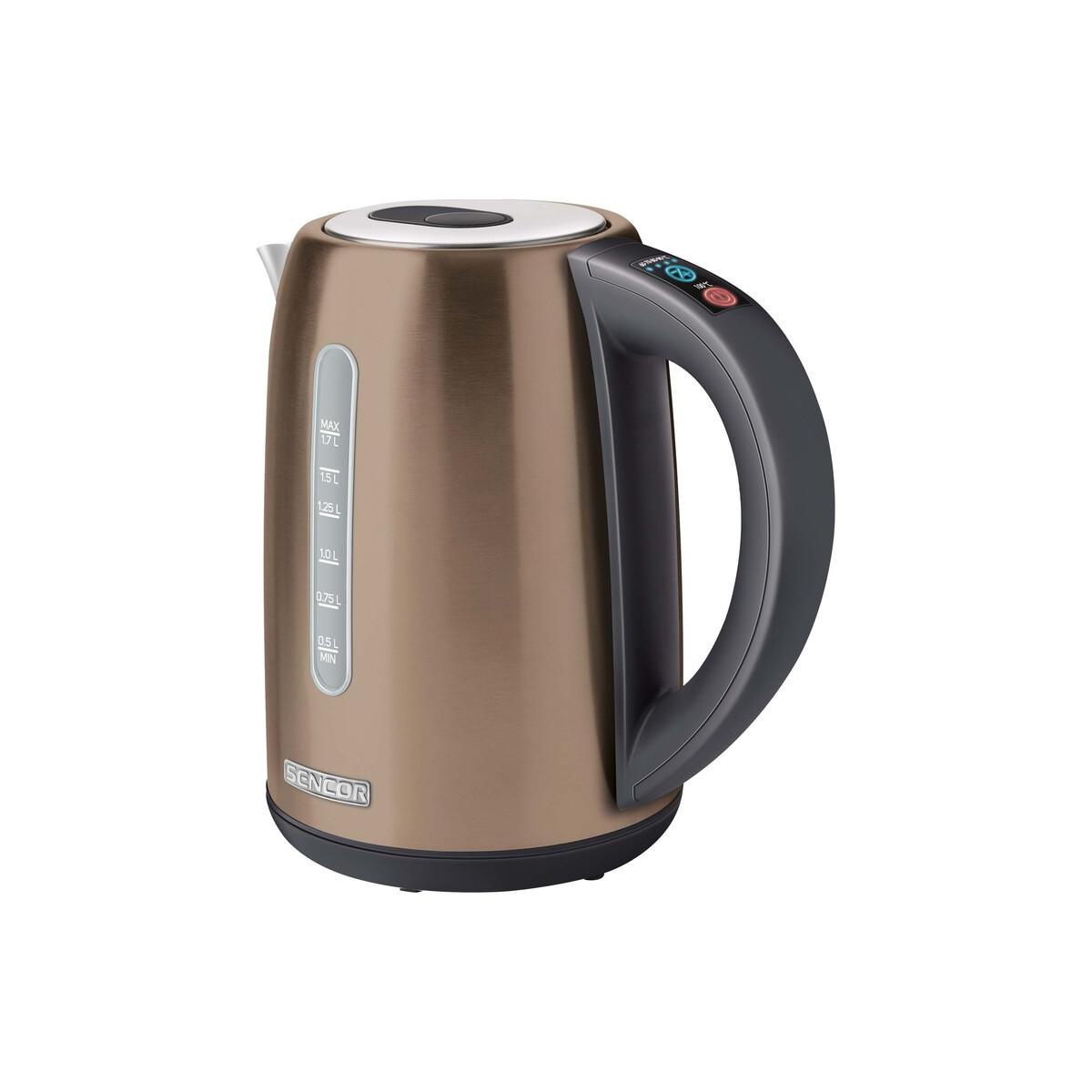 Eine kupferfarbene Wasserkocher mit silbernem Deckel und schwarzem Griff.