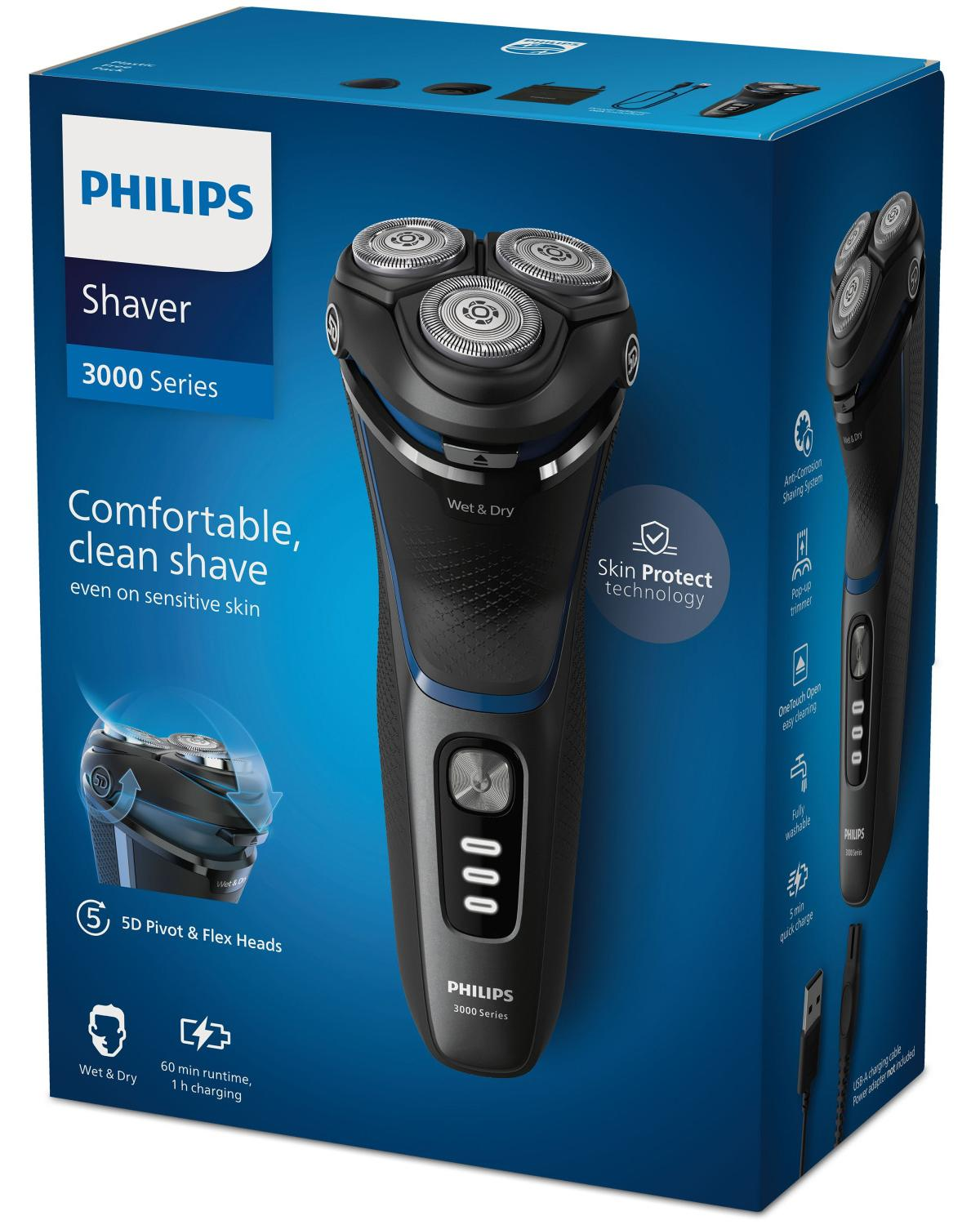 Boîte de rasoir Philips Série 3000 avec rasoir, pivot 5D, Humide et Sec, et infos charge.