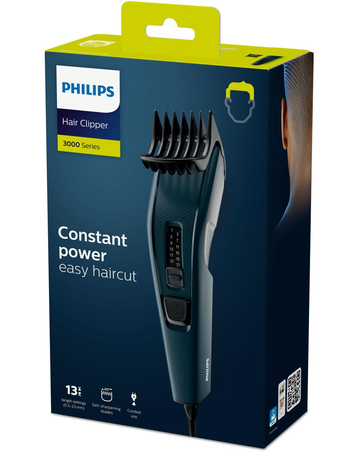 Verpackung eines Philips Haarschneiders der Serie 3000 mit ständiger Leistung.