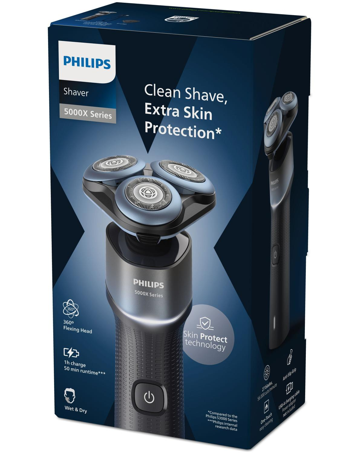 Philips 5000X Series shaver box showing flex head and Skin Protect technology.
