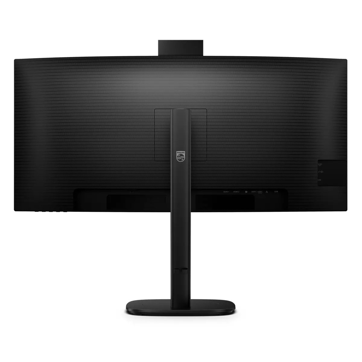 Parte trasera de un monitor negro con soporte y puertos como HDMI y USB-C.