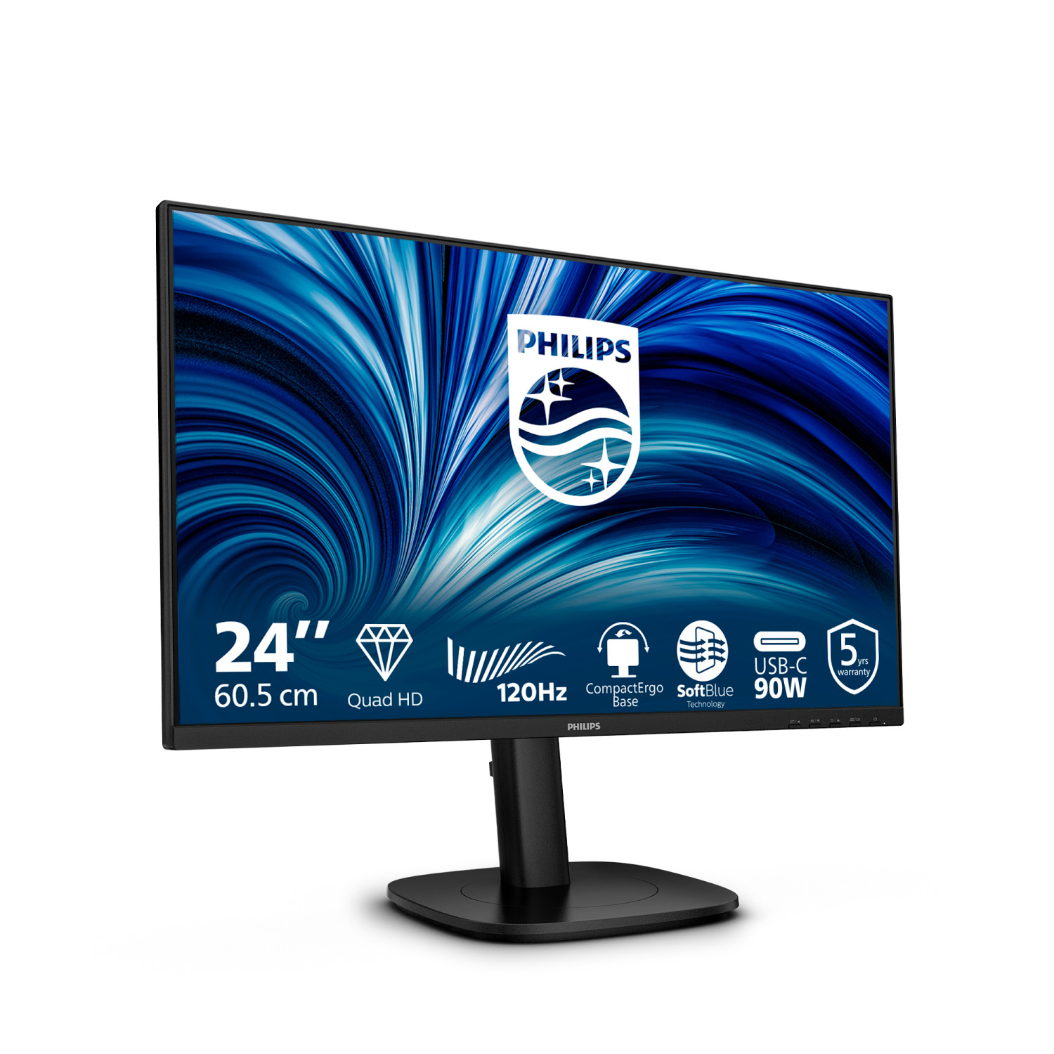 Un monitor Philips nero con sfondo astratto blu, 24 pollici, Quad HD, 120Hz.