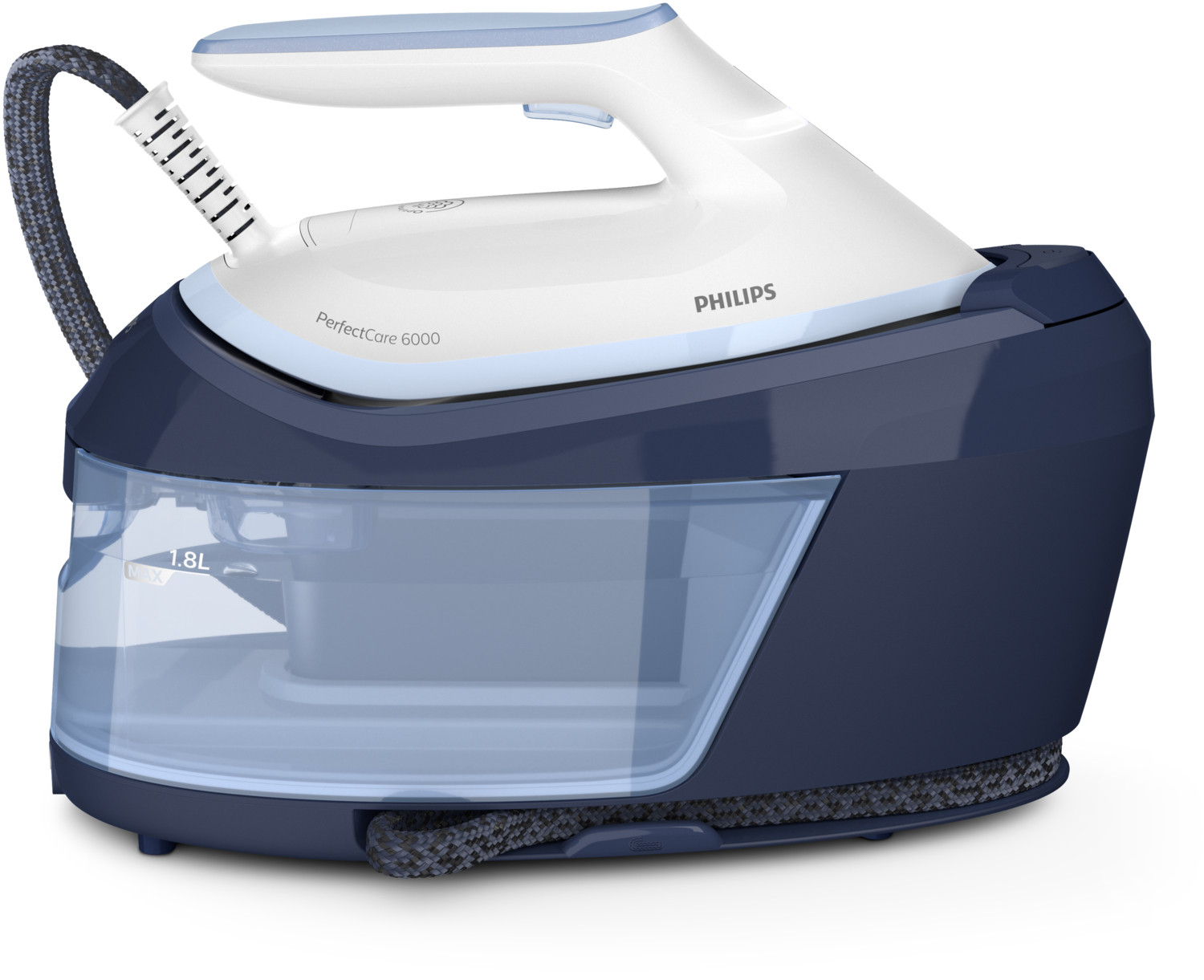Una plancha generadora de vapor Philips PerfectCare 6000 blanca y azul con base y depósito de agua azul oscuro.