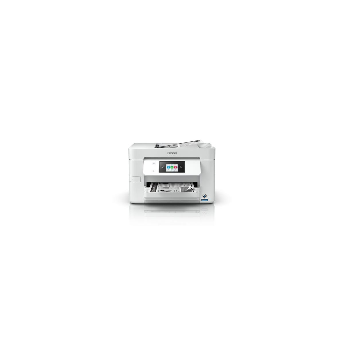 A white Epson printer with a touchscreen and paper output tray.