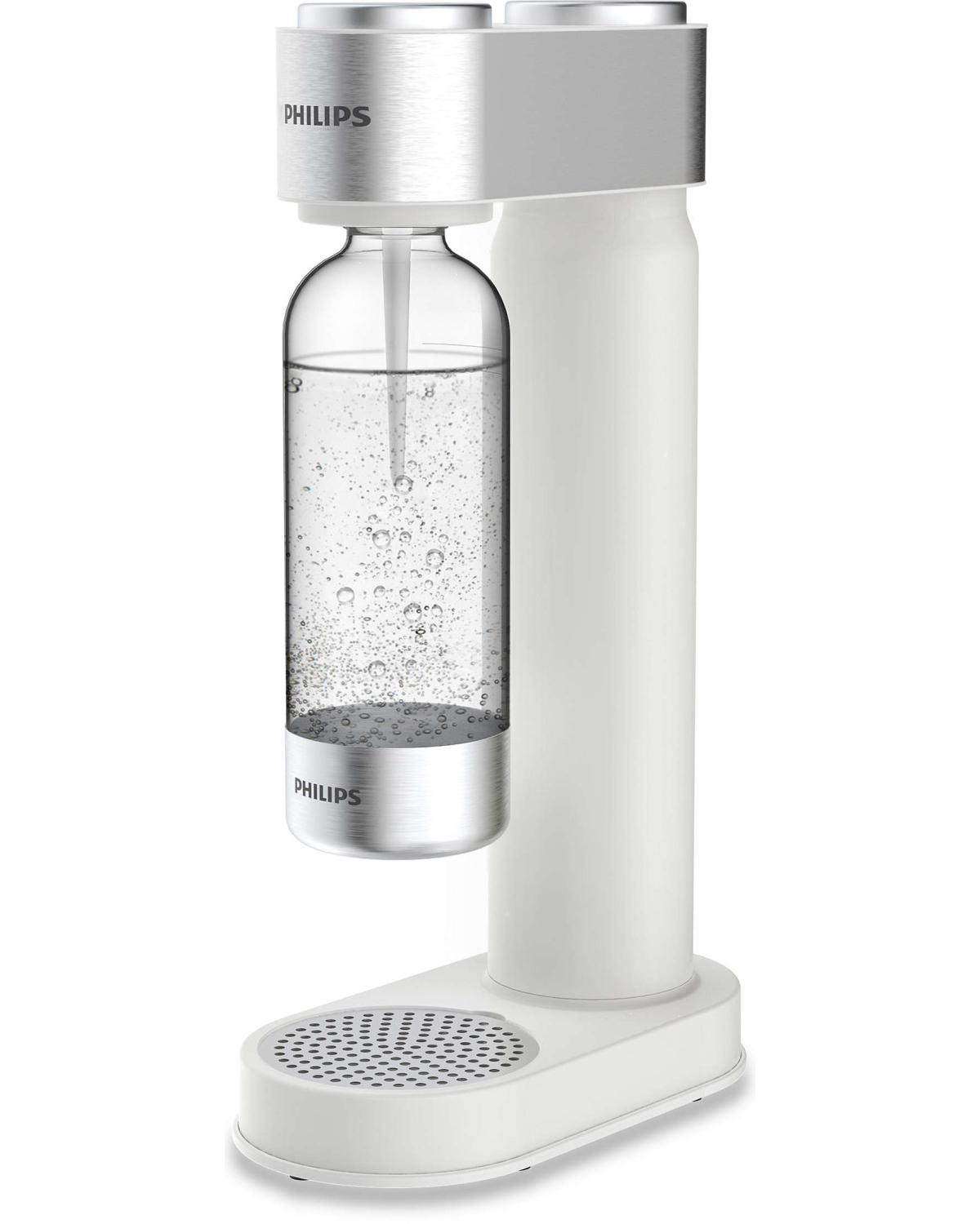 Weiße Philips-Wassersprudler-Maschine mit durchsichtiger Flasche, gefüllt mit kohlensäurehaltigem Wasser.