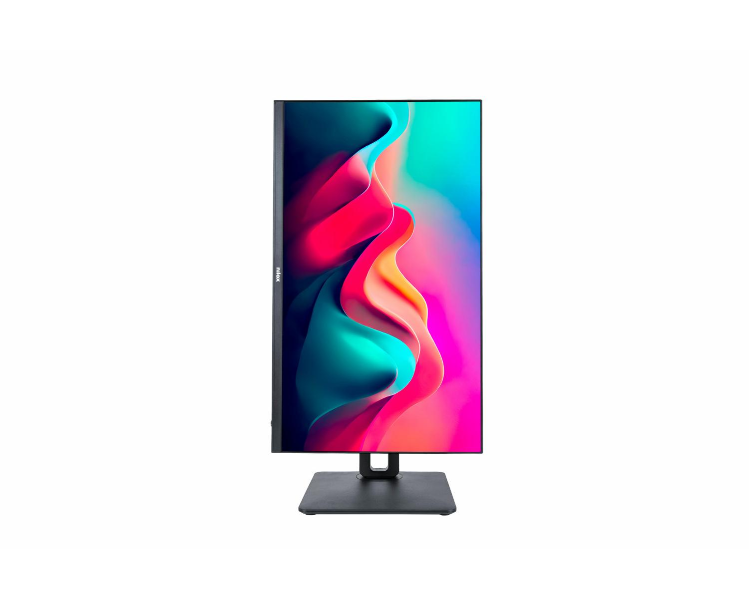 Un monitor verticale con uno sfondo astratto e ondulato colorato.