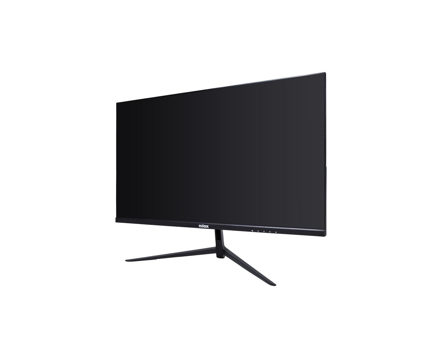 Un monitor negro con un soporte de tres puntas sobre fondo blanco.