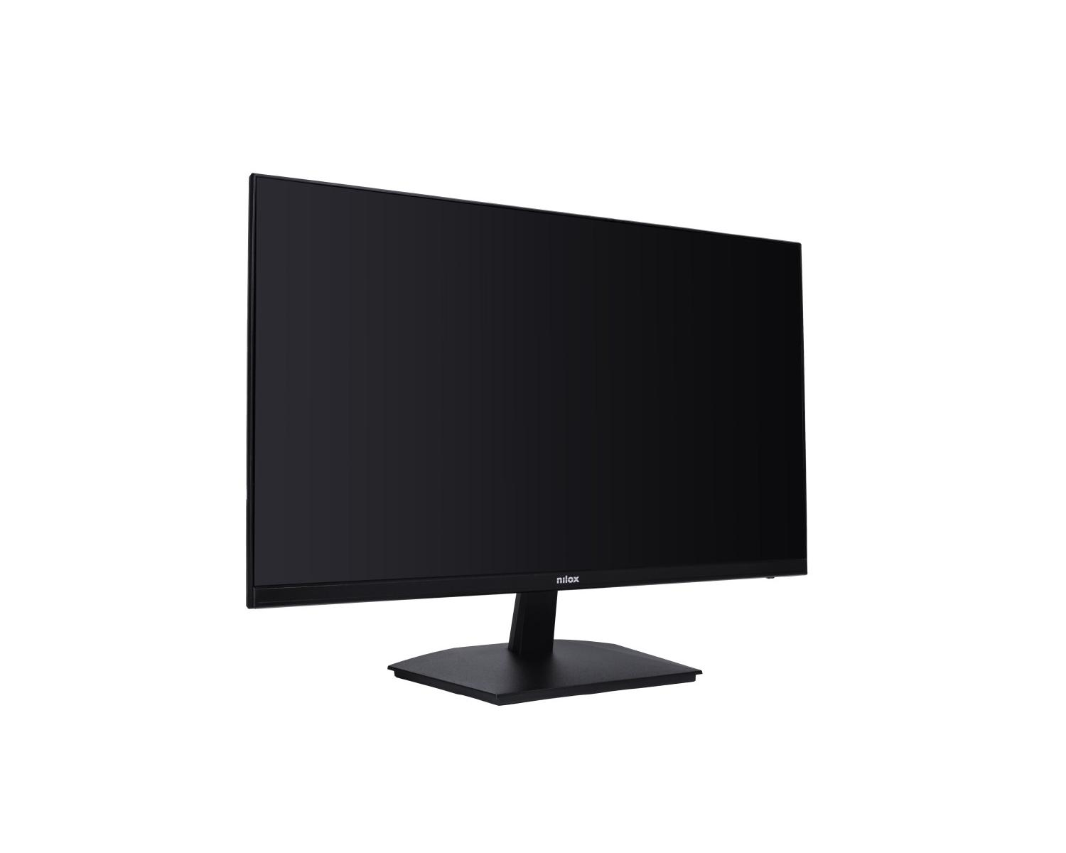 Un monitor per computer nero con cornice sottile e supporto rettangolare.