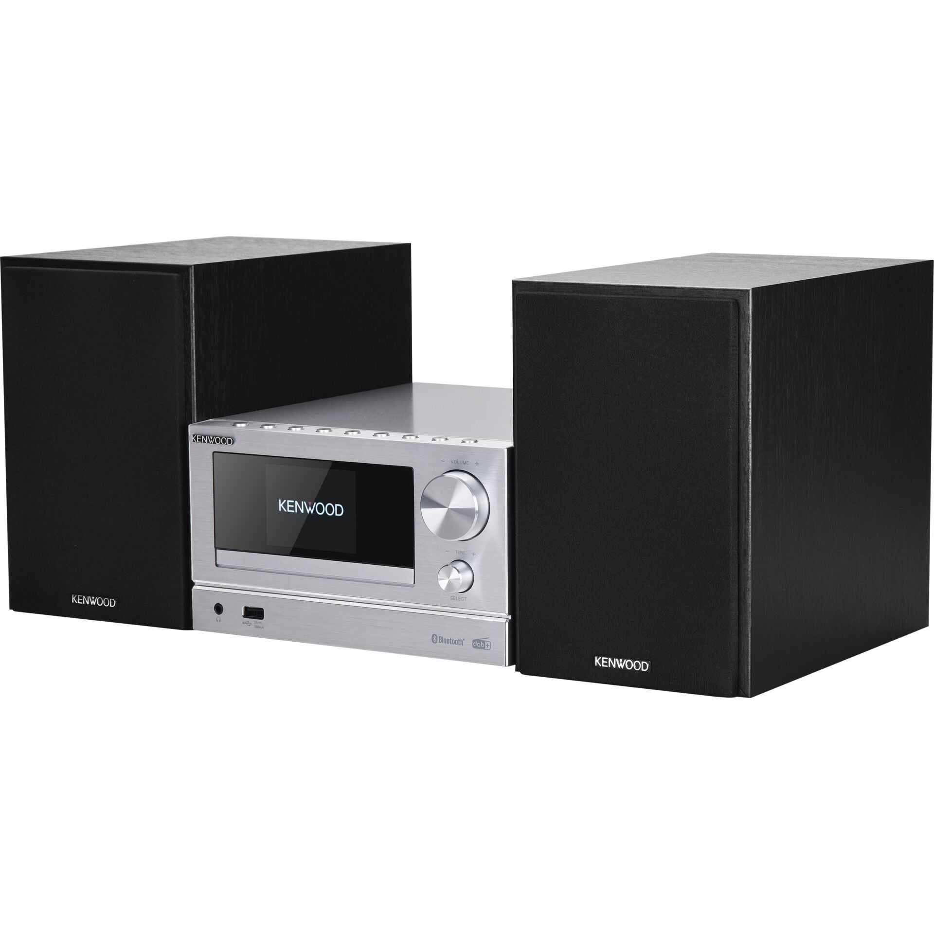 Sistema estéreo Kenwood plateado con altavoces negros, fondo blanco.