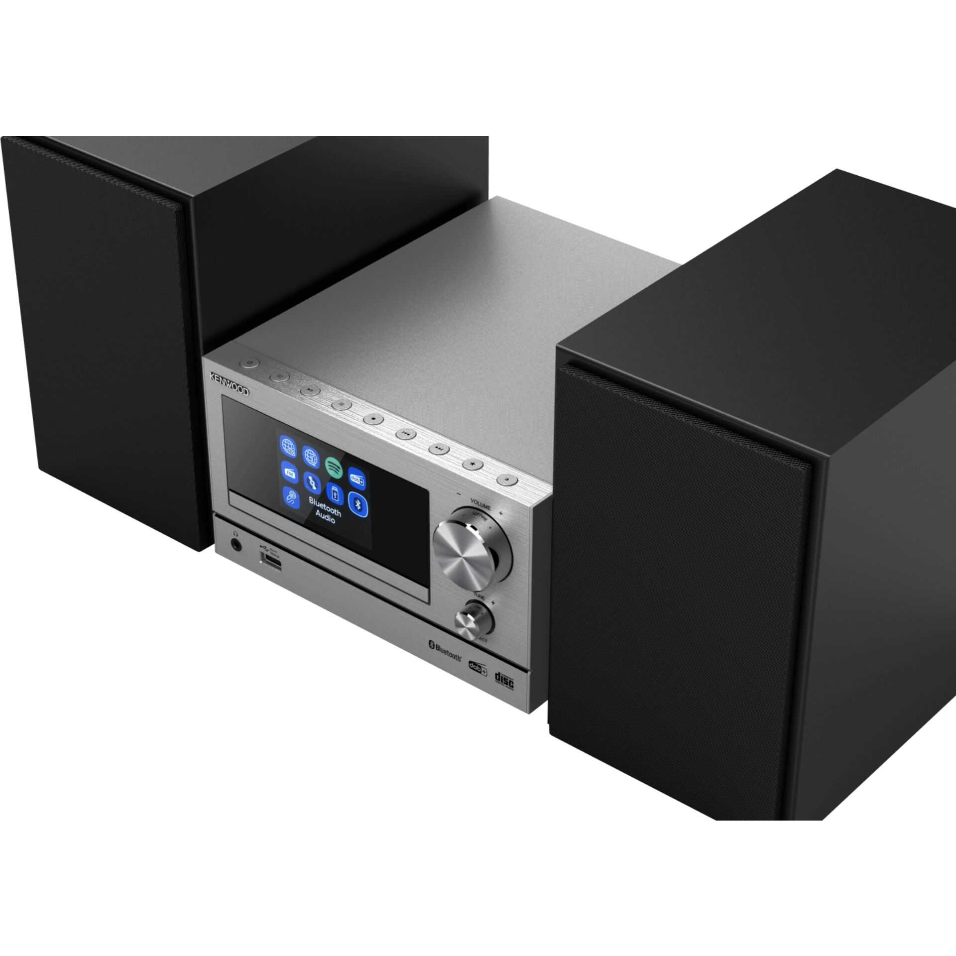 Receptor micro Hi-Fi Kenwood plateado con pantalla táctil, controles y dos altavoces negros.