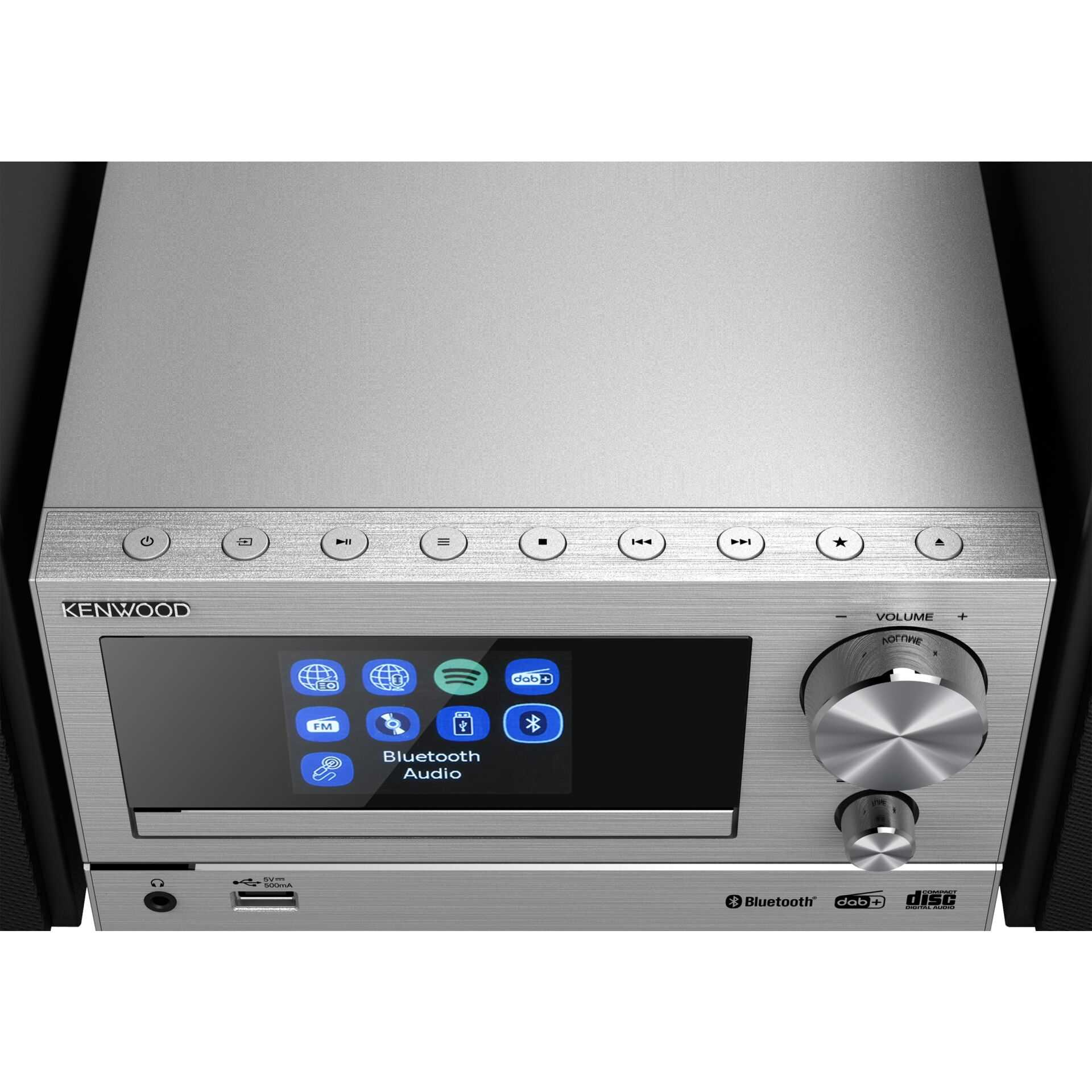Sistema estéreo Kenwood plateado con pantalla táctil y botones de control.
