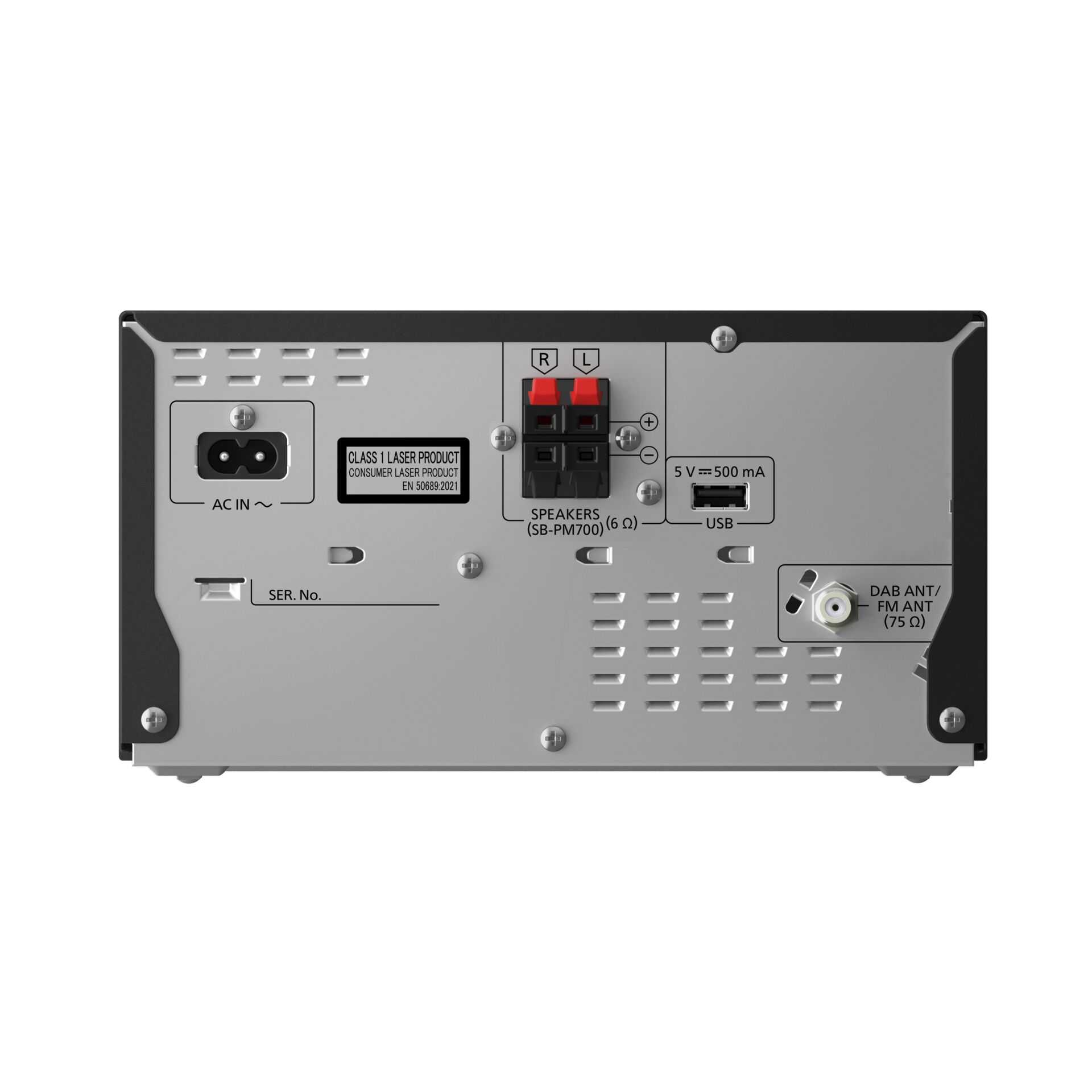 Rückwand einer Stereoanlage mit Netzteil-, Lautsprecher-, USB- und Antennenanschlüssen.