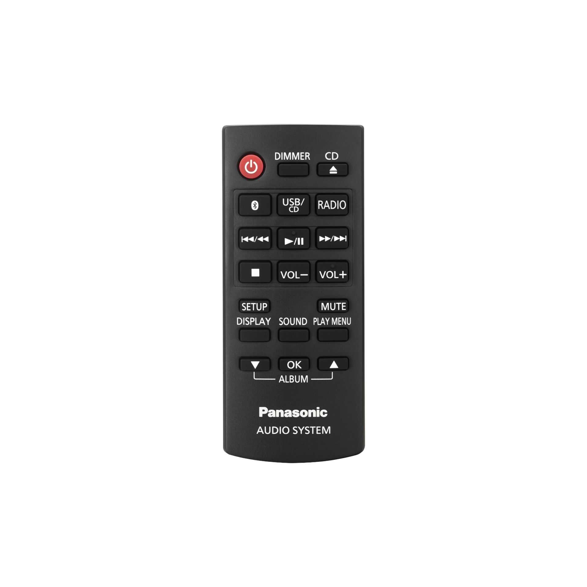 Schwarze Panasonic Fernbedienung für Audiosysteme mit Tasten für Strom, Quelle, Lautstärke und Wiedergabe.