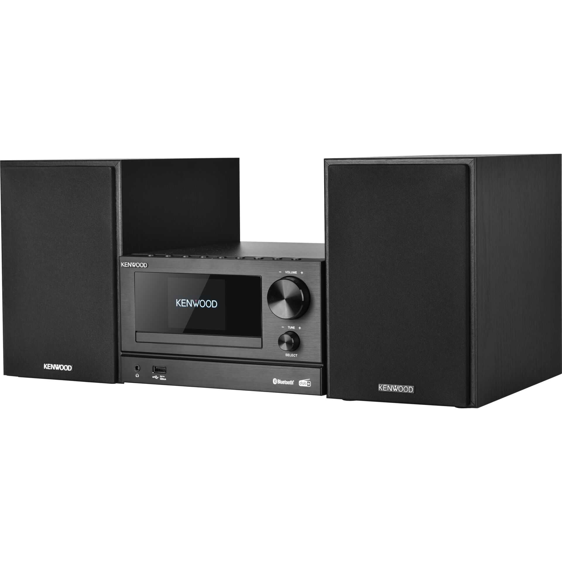 Schwarzes Kenwood HiFi-System mit zwei Lautsprechern und zentraler Haupteinheit.