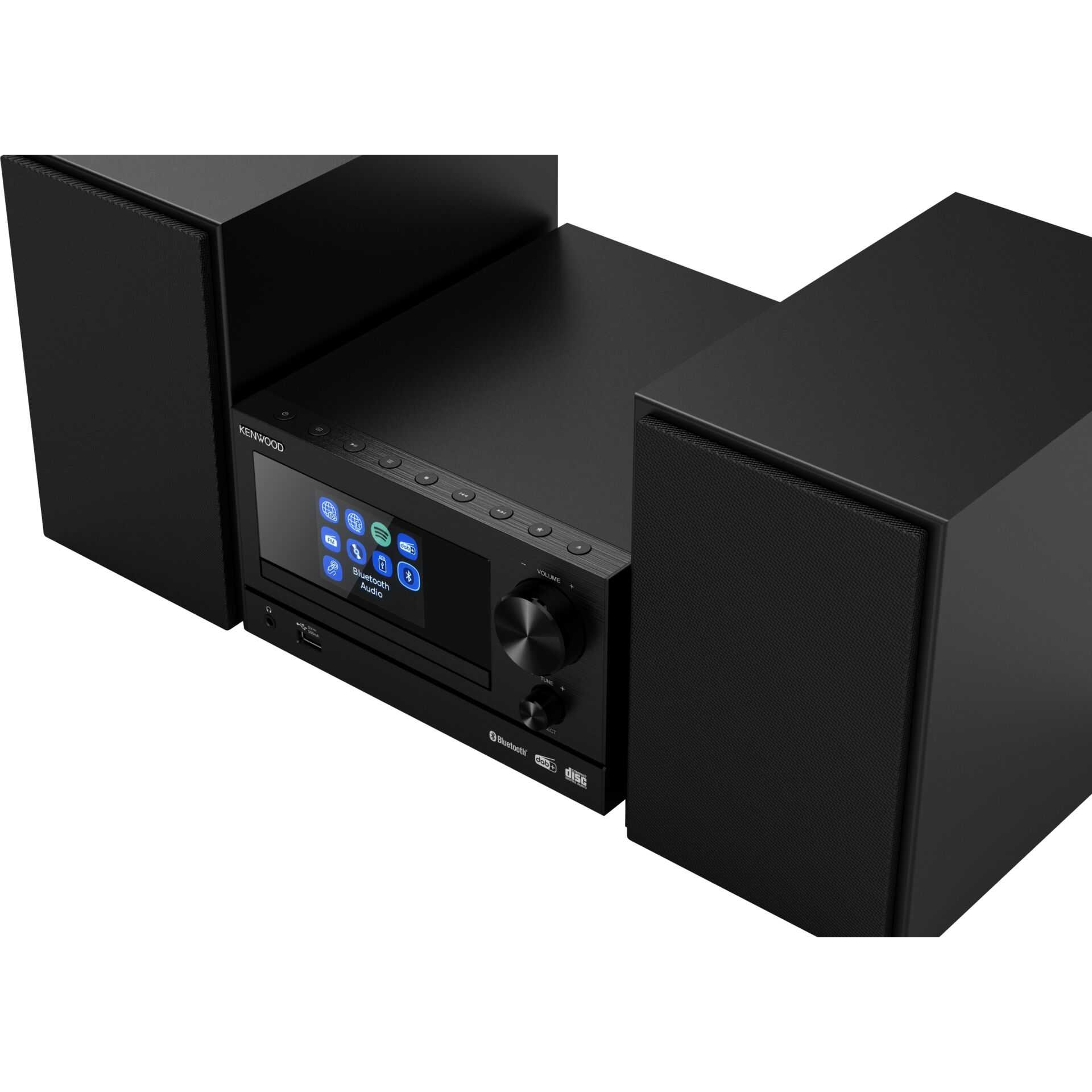 Schwarzes Kenwood Kompaktstereo mit zwei Lautsprechern und Display.