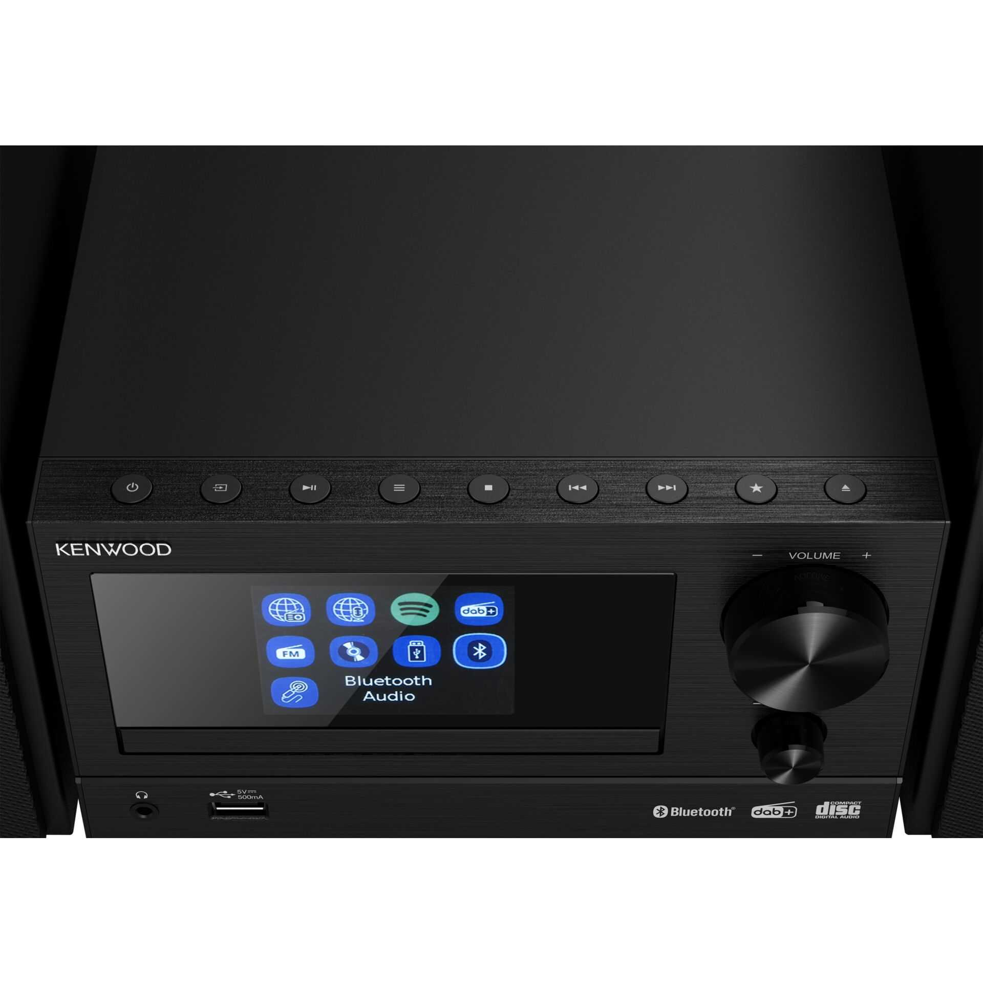 Schwarzes Kenwood-Audiosystem mit Touchscreen und Drehregler.