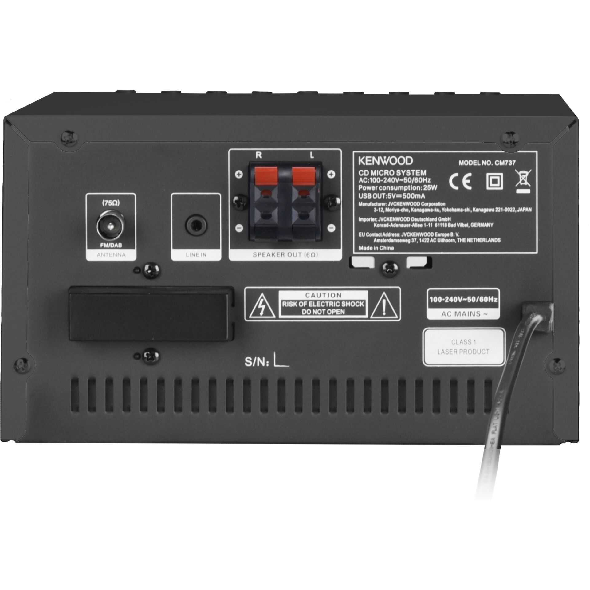 Rückseite eines schwarzen Kenwood CD-Mikrosystems mit Anschlüssen.