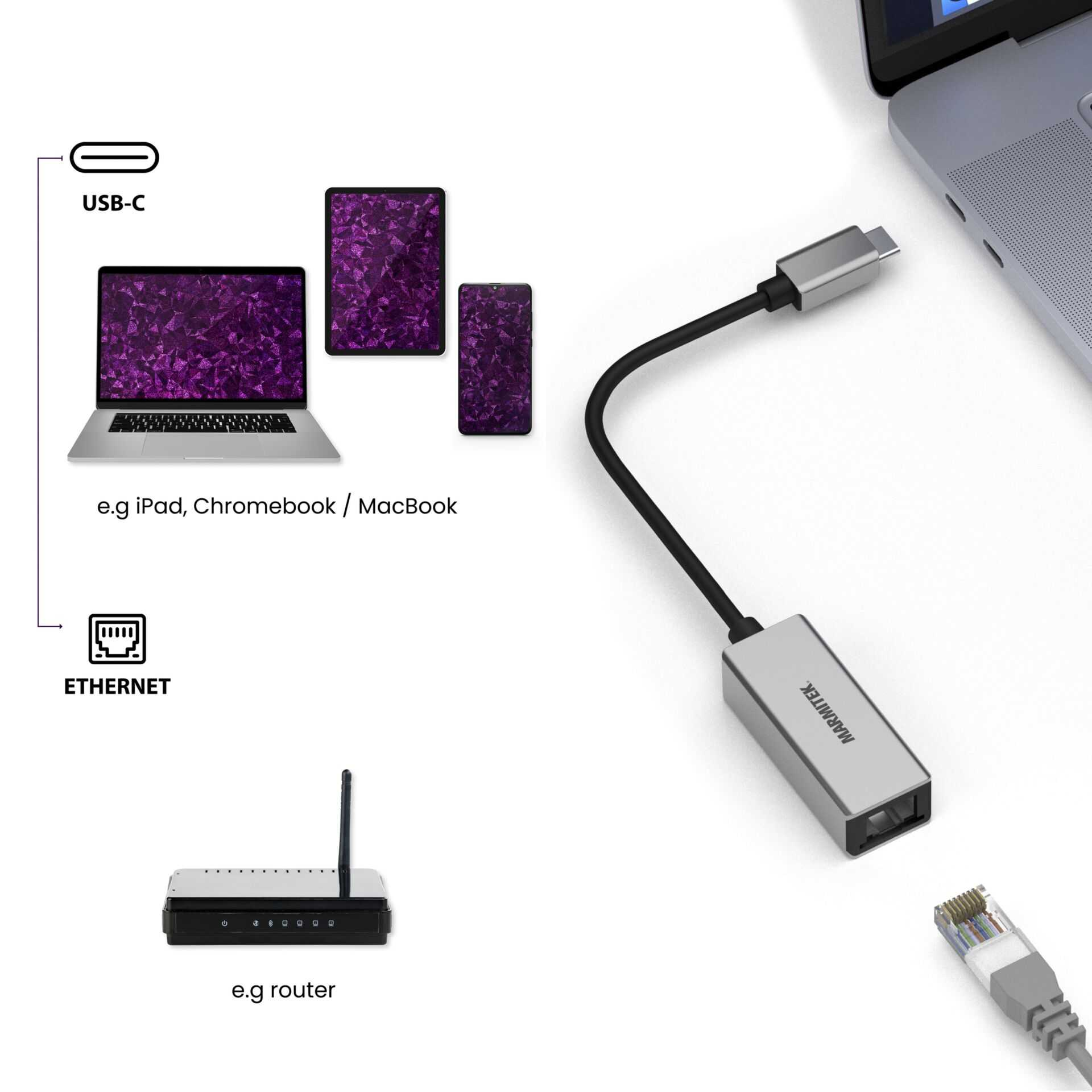 Ein USB-C-Adapter verbindet ein Laptop, Tablet und Smartphone mit einem Router.