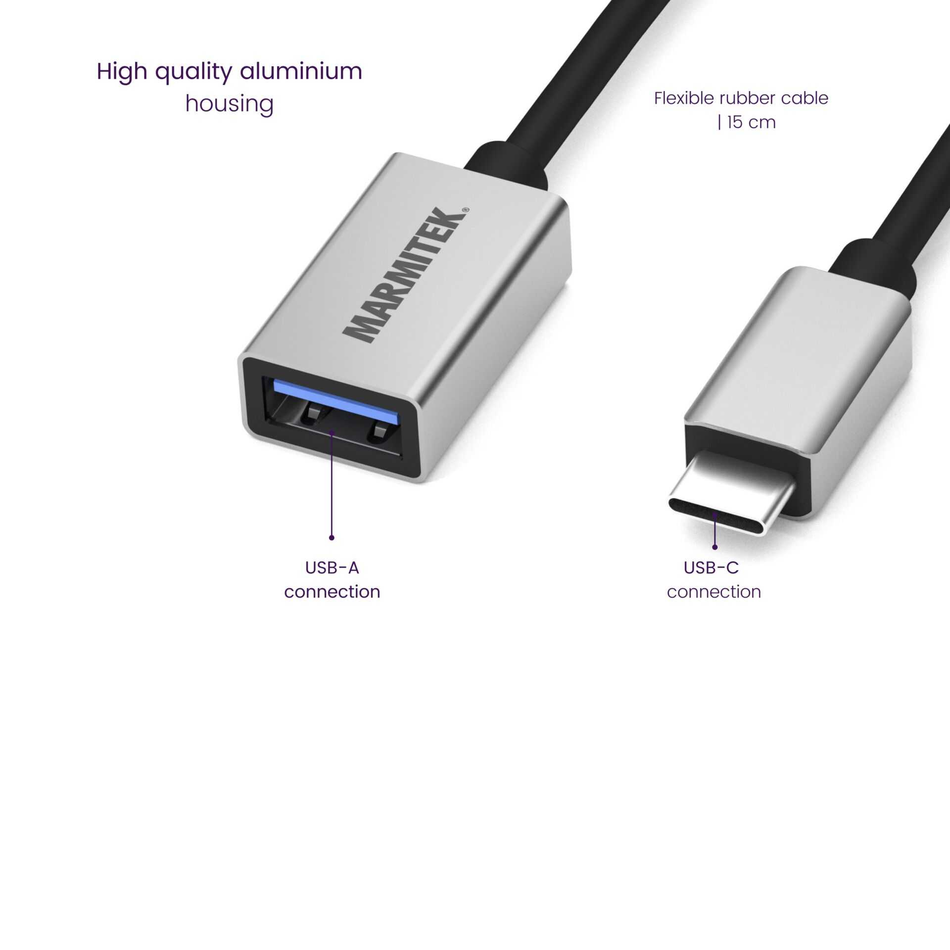 Marmitek adapter with USB-A and USB-C ports, silver housing.