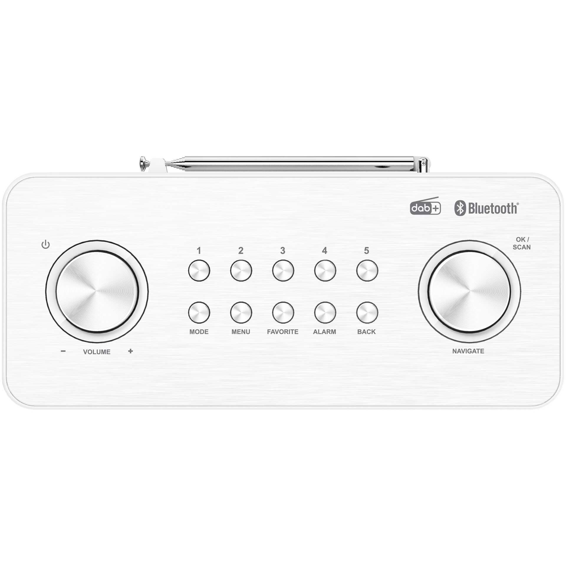 Ein weißes DAB+ und Bluetooth Radio mit silbernen Knöpfen und Antenne.