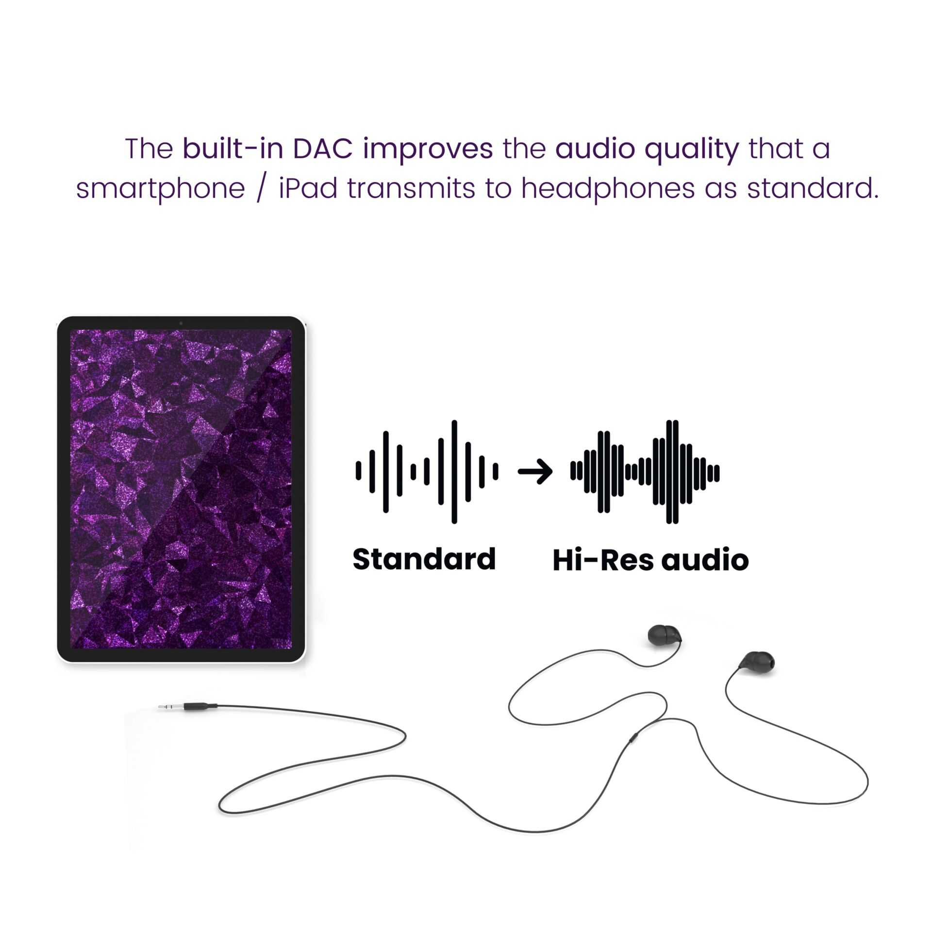 Un tablet con motivo viola, forme d'onda audio e auricolari.