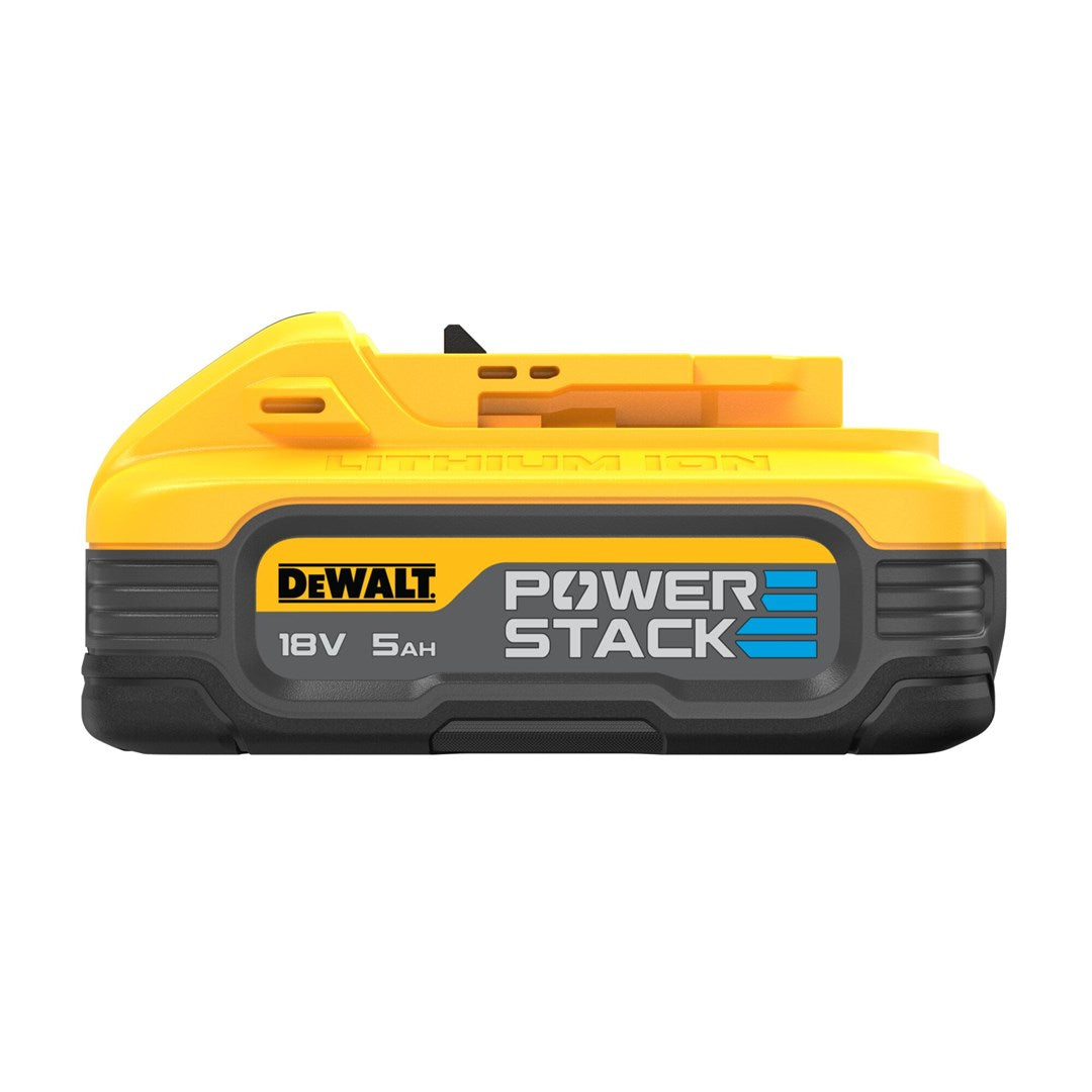 Sarı ve siyah DeWalt Power Stack 18V 5Ah Lityum-İyon pil.