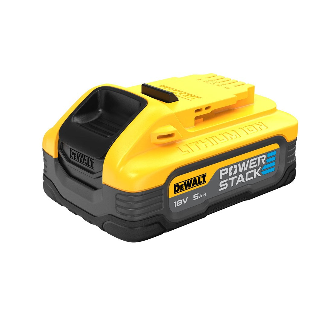 Sarı ve siyah DeWalt elektrikli alet aküsü, "Power Stack" etiketli.