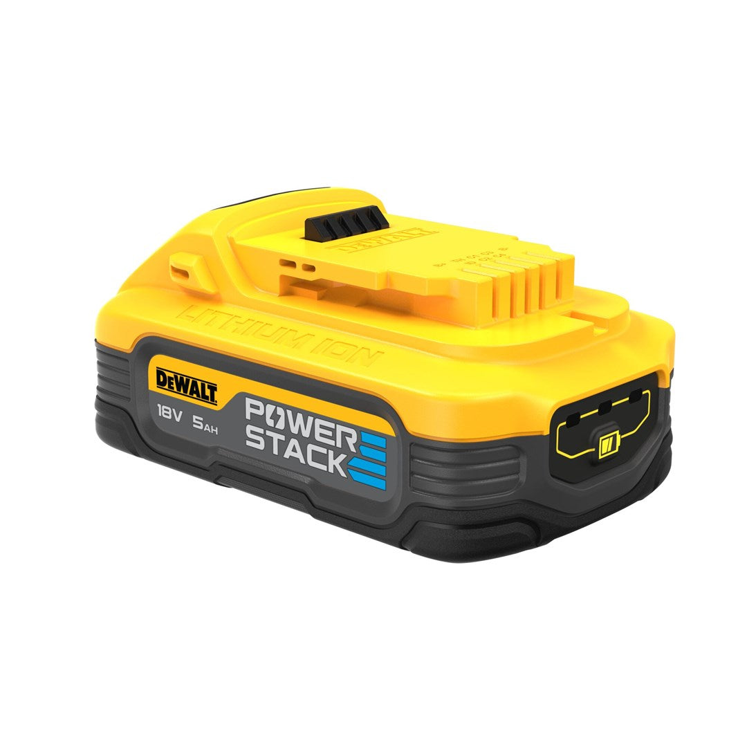 Şarj göstergeli sarı ve siyah DeWalt 18V 5Ah Power Stack pil.