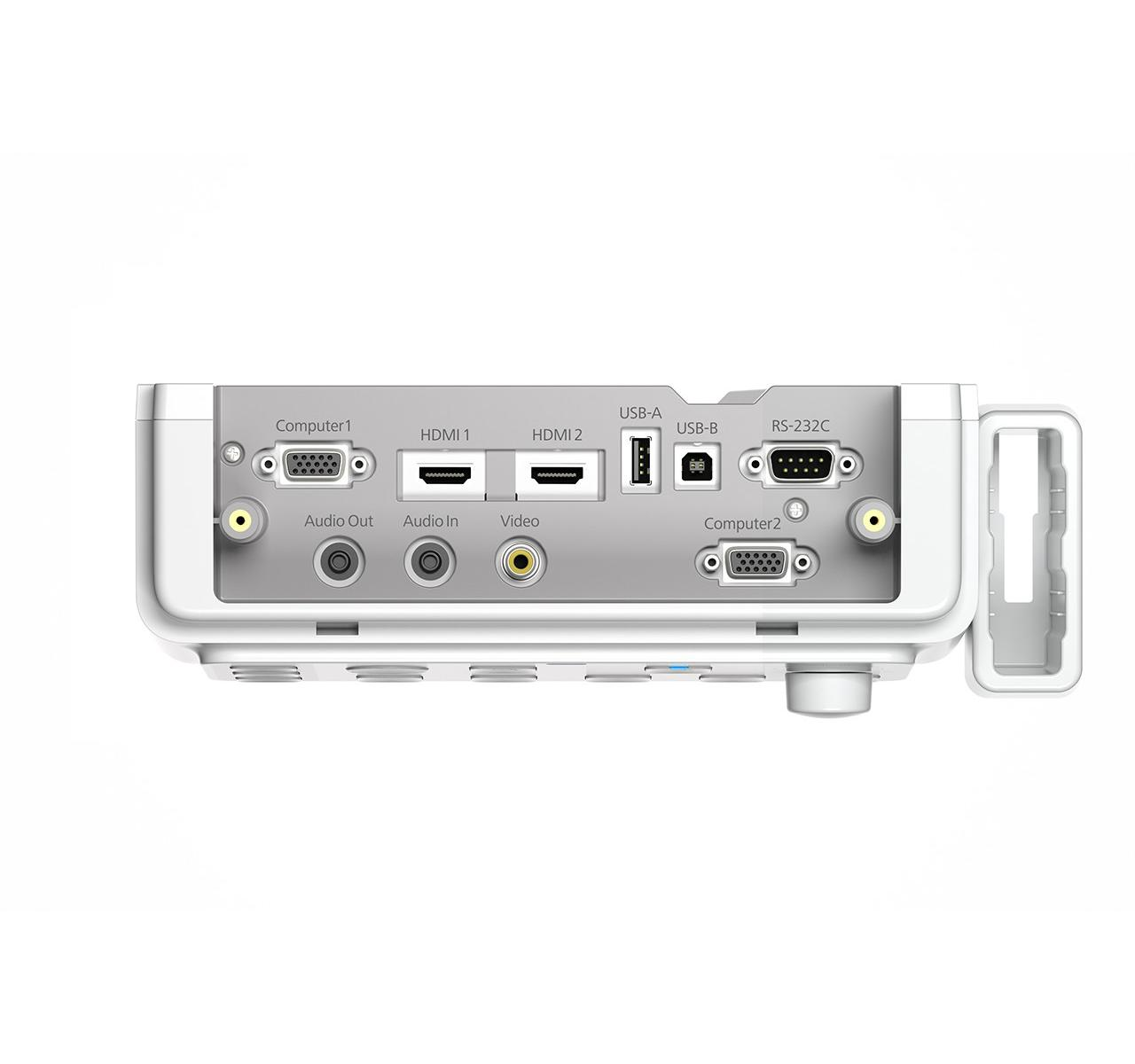 Panel trasero de proyector blanco con puertos: Computadora 1, HDMI 1, HDMI 2, USB-A, USB-B, RS-232C, Salida de Audio, Entrada de Audio, Video, Computadora 2.