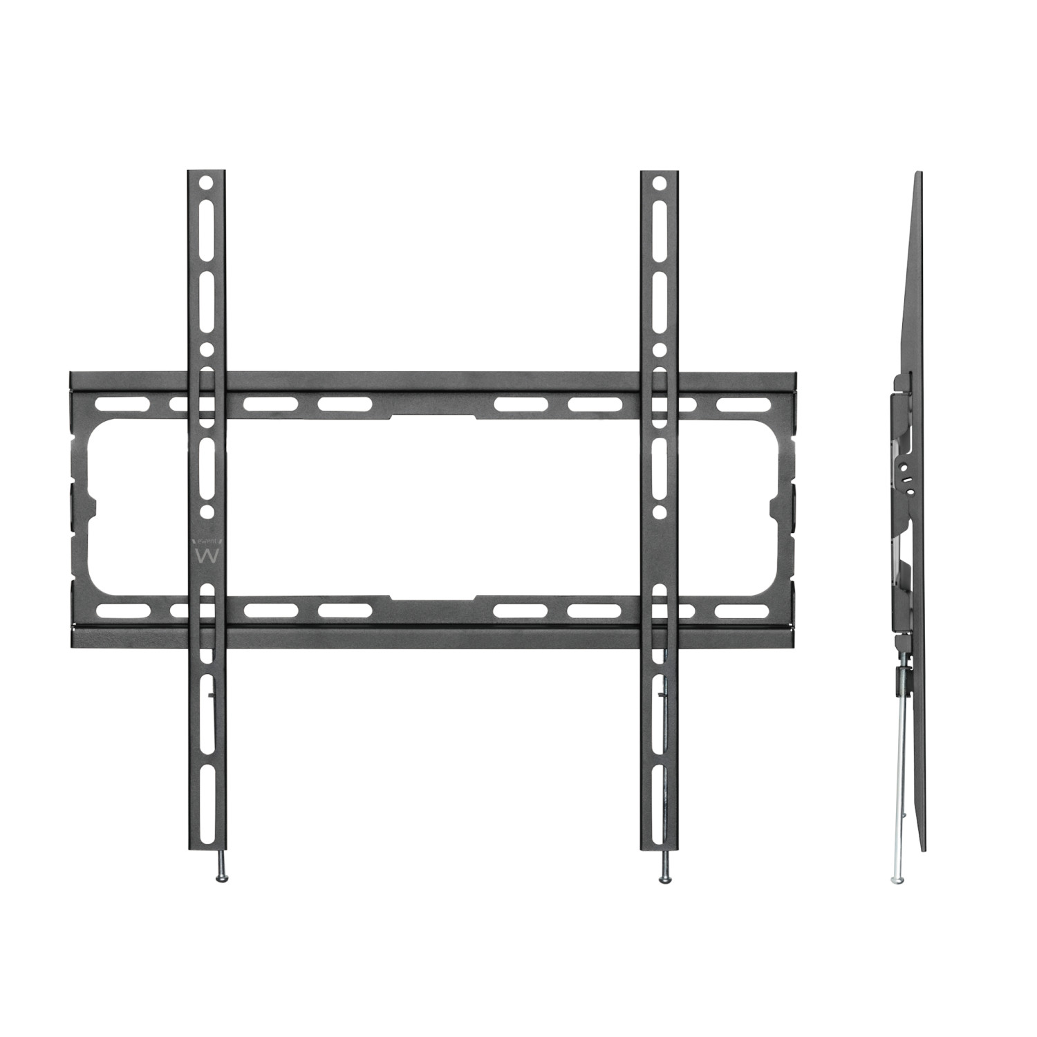 Eine dunkle Metall-Wandhalterung für Fernseher mit verstellbaren Armen.