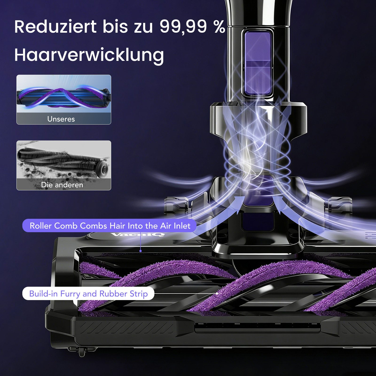Staubsaugerbürste mit lila Borsten und Luftstrom. Reduziert Haarverwicklungen.
