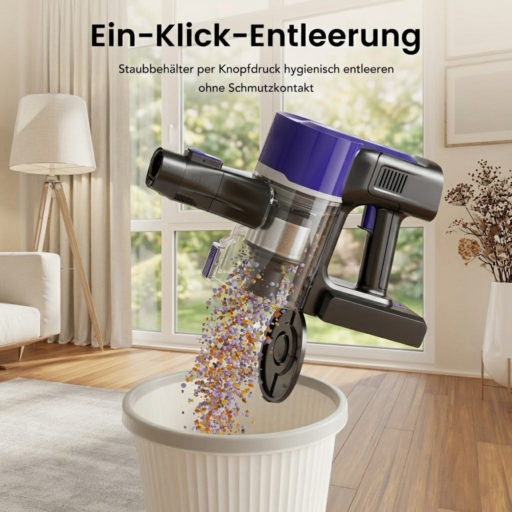 Ein blauer Staubsauger leert seinen Behälter mit bunten Körnchen in einen weißen Eimer.