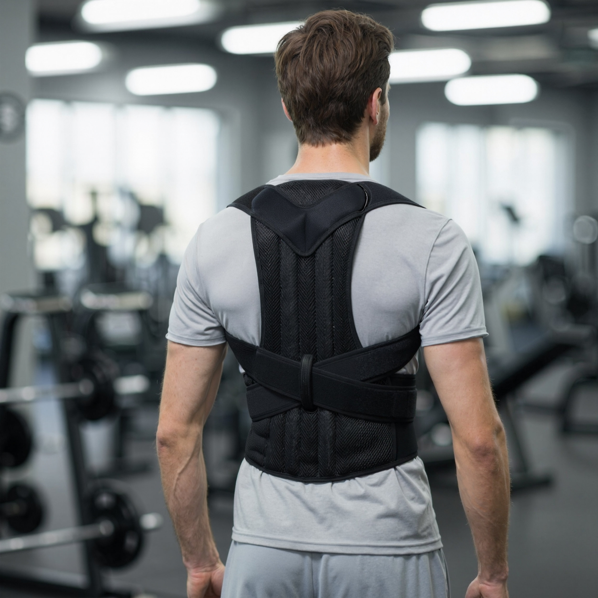 Hombre con corrector de postura en gimnasio, vista trasera.