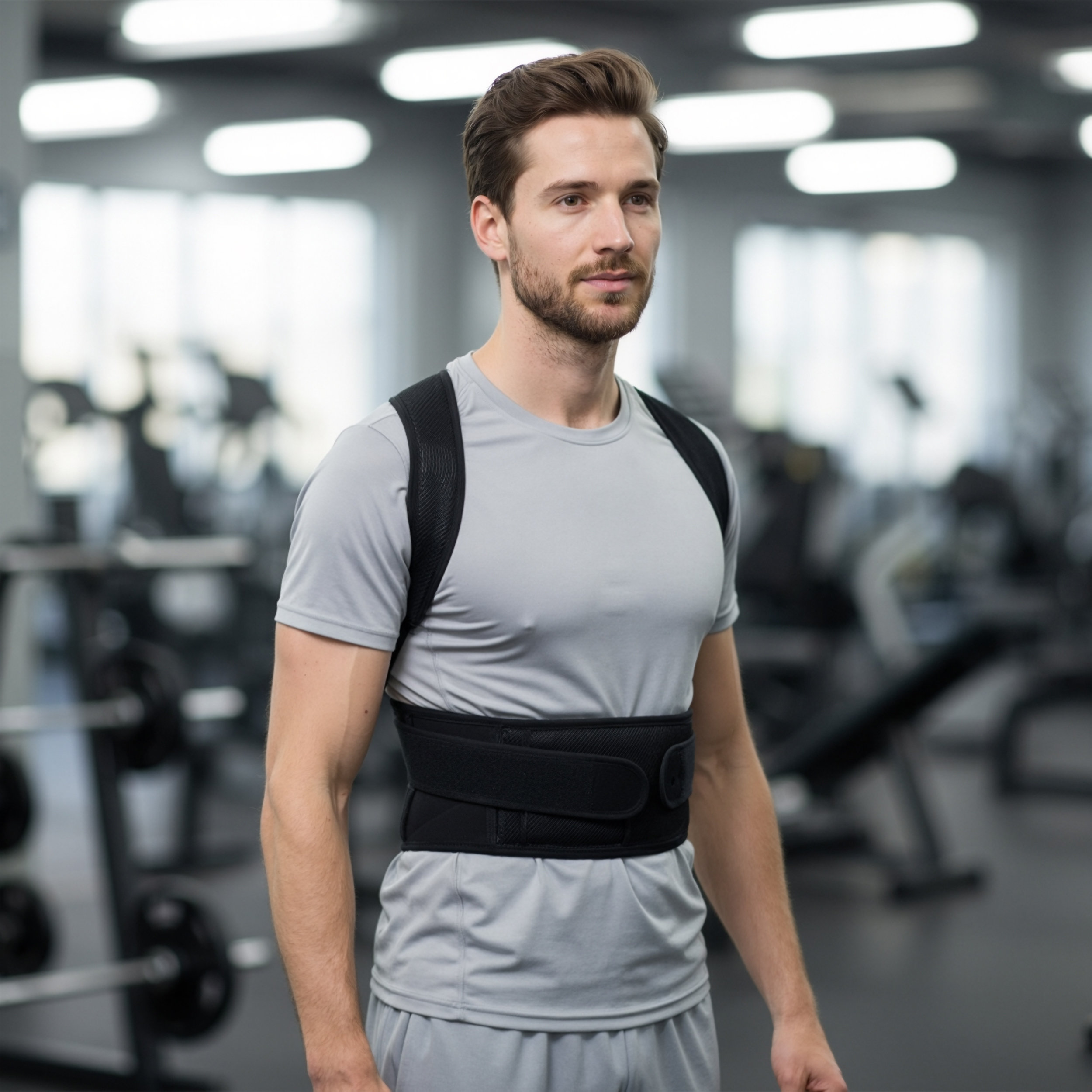 Un hombre en un gimnasio usando un corrector de postura.